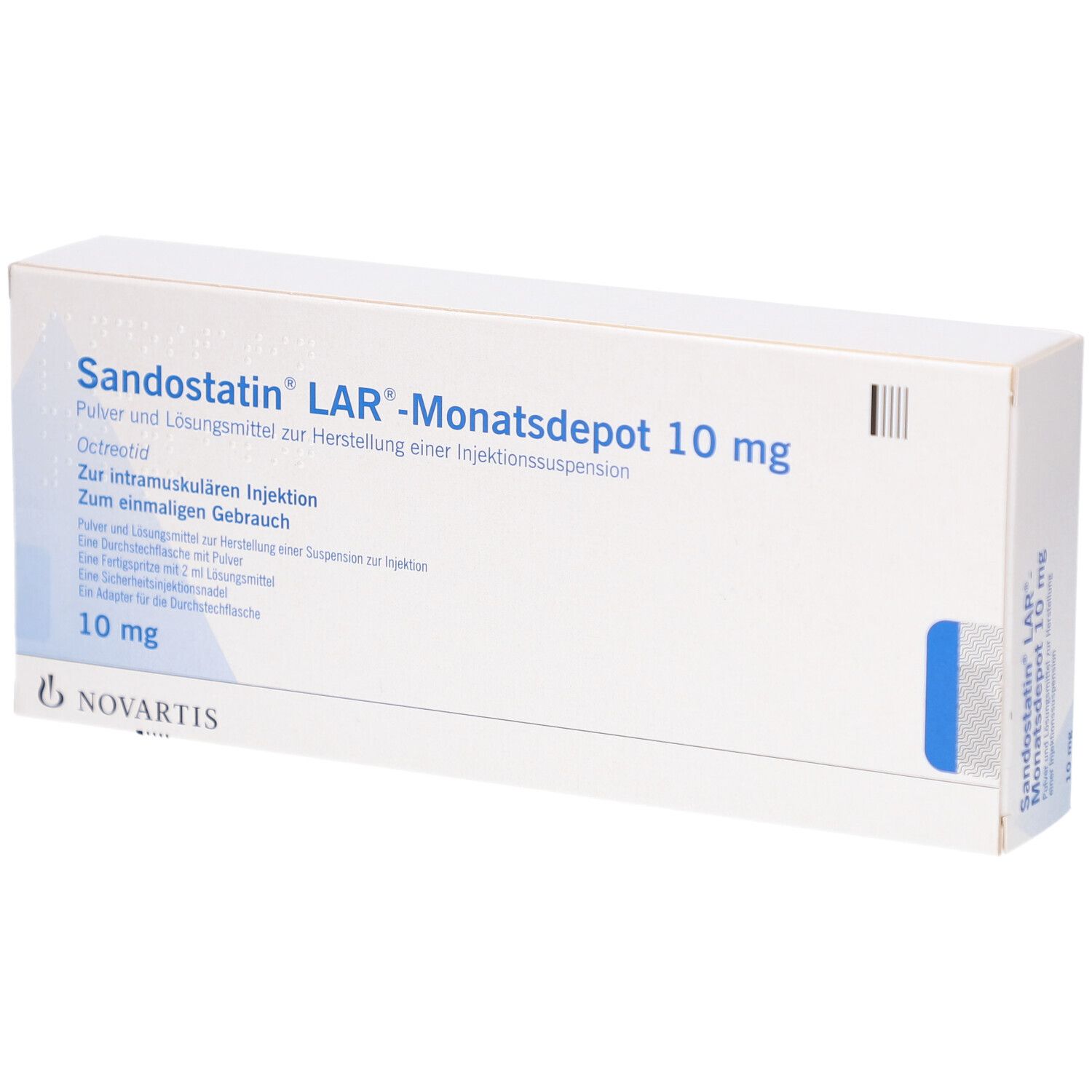 Weißer Karton mit Aufschrift Sandostatin LAR-Monatsdepot 10 mg. Novartis-Logo unten. Blaue Markierung an der Seite.