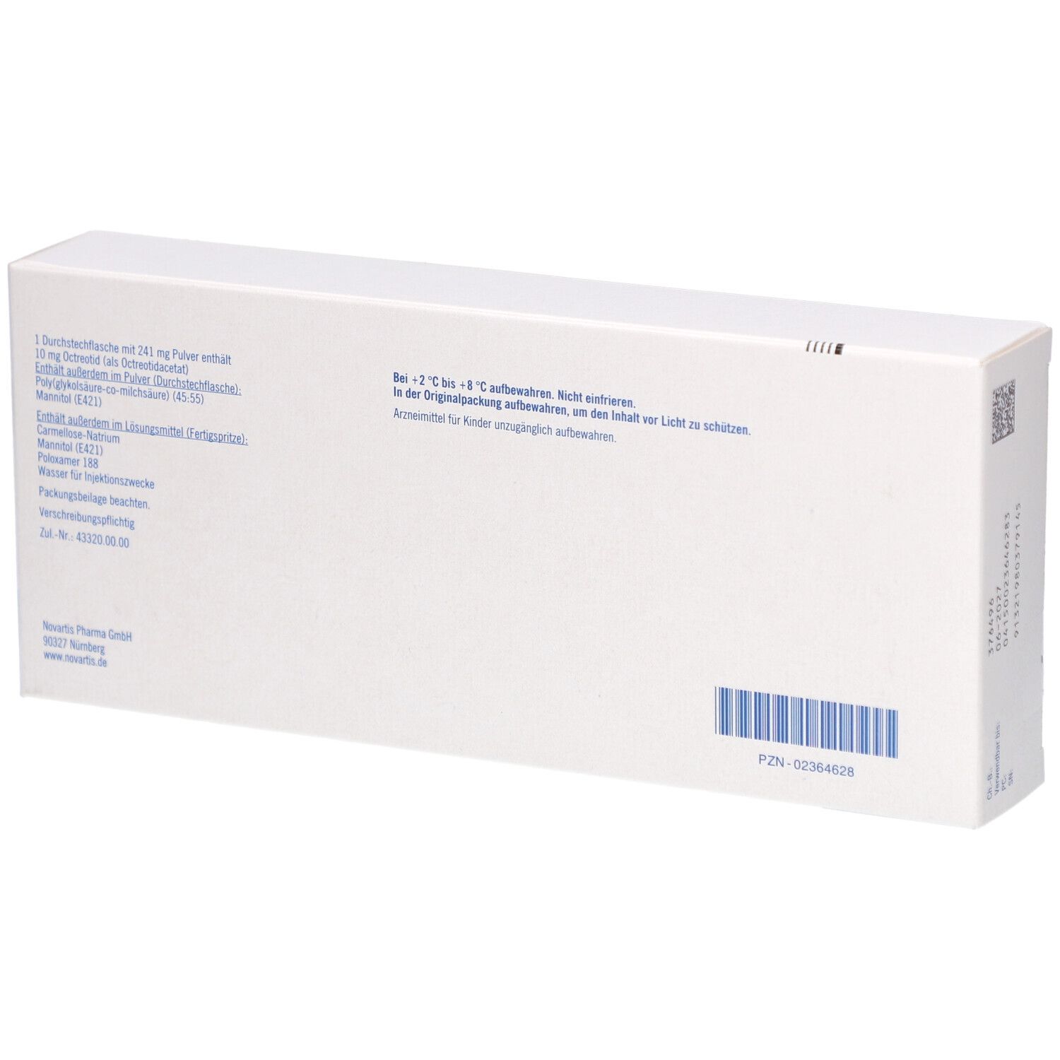 Rückseite eines weißen Kartons. Textinformationen und Barcode. PZN-Nummer.