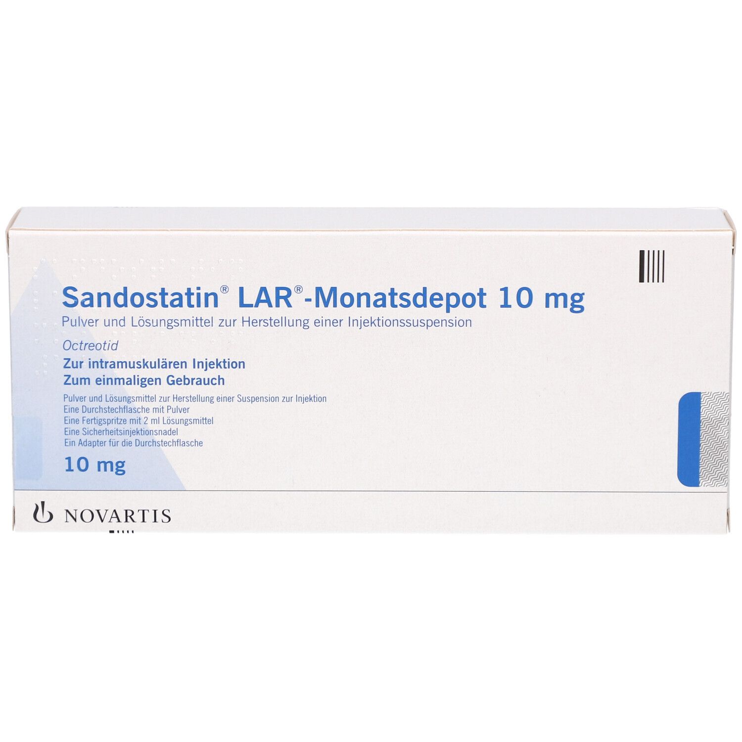Weißer Karton mit Aufschrift Sandostatin LAR-Monatsdepot 10 mg. Novartis-Logo unten. Blaue Markierung an der Seite.