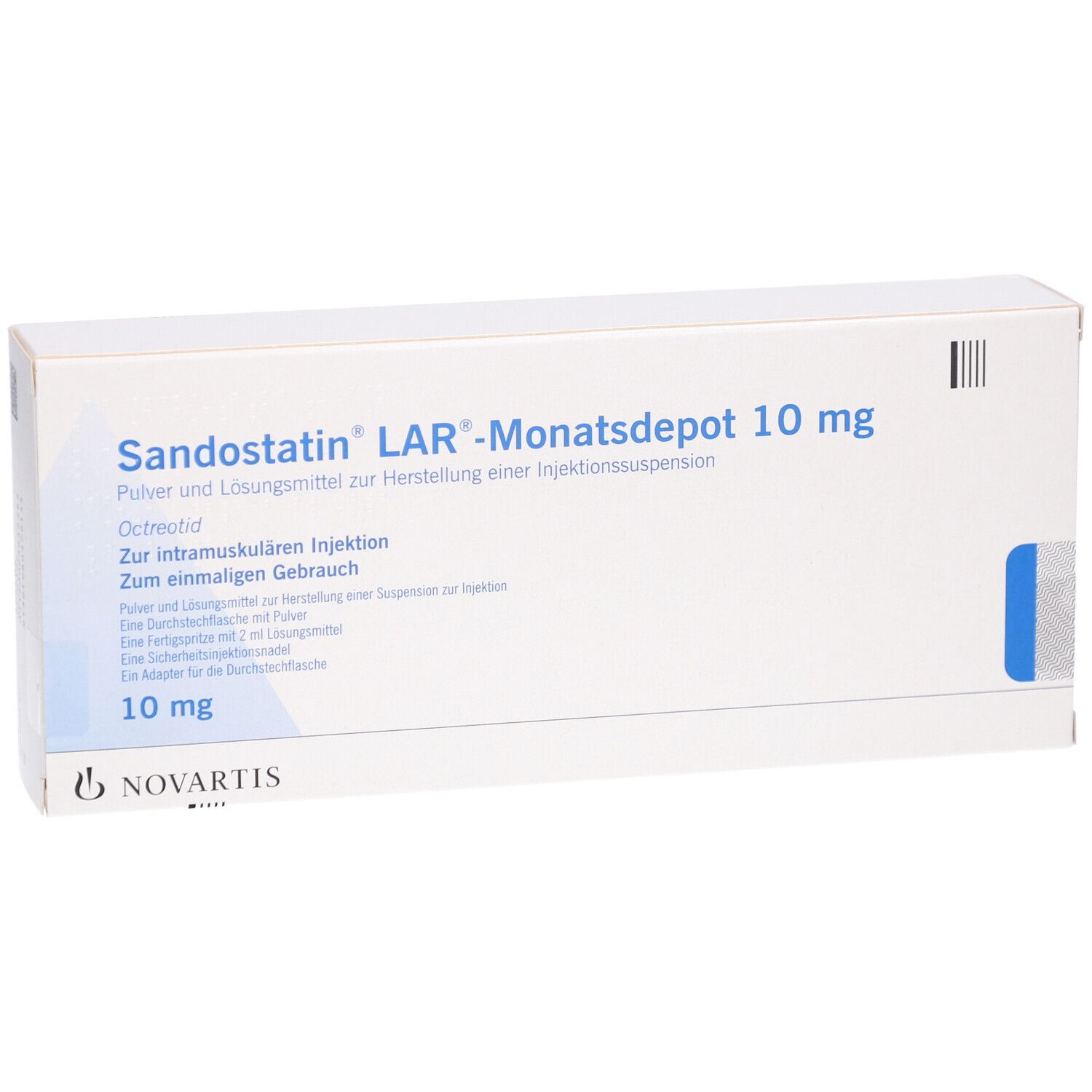 Weißer Karton mit Aufschrift Sandostatin LAR-Monatsdepot 10 mg. Novartis-Logo unten. Blaue Markierung an der Seite.