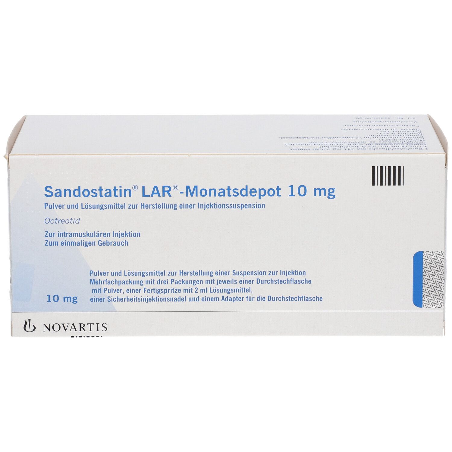 Sandostatin® LAR-Monatsdepot 10 mg Schachtel, Vorderseite mit detaillierten Anwendungshinweisen.