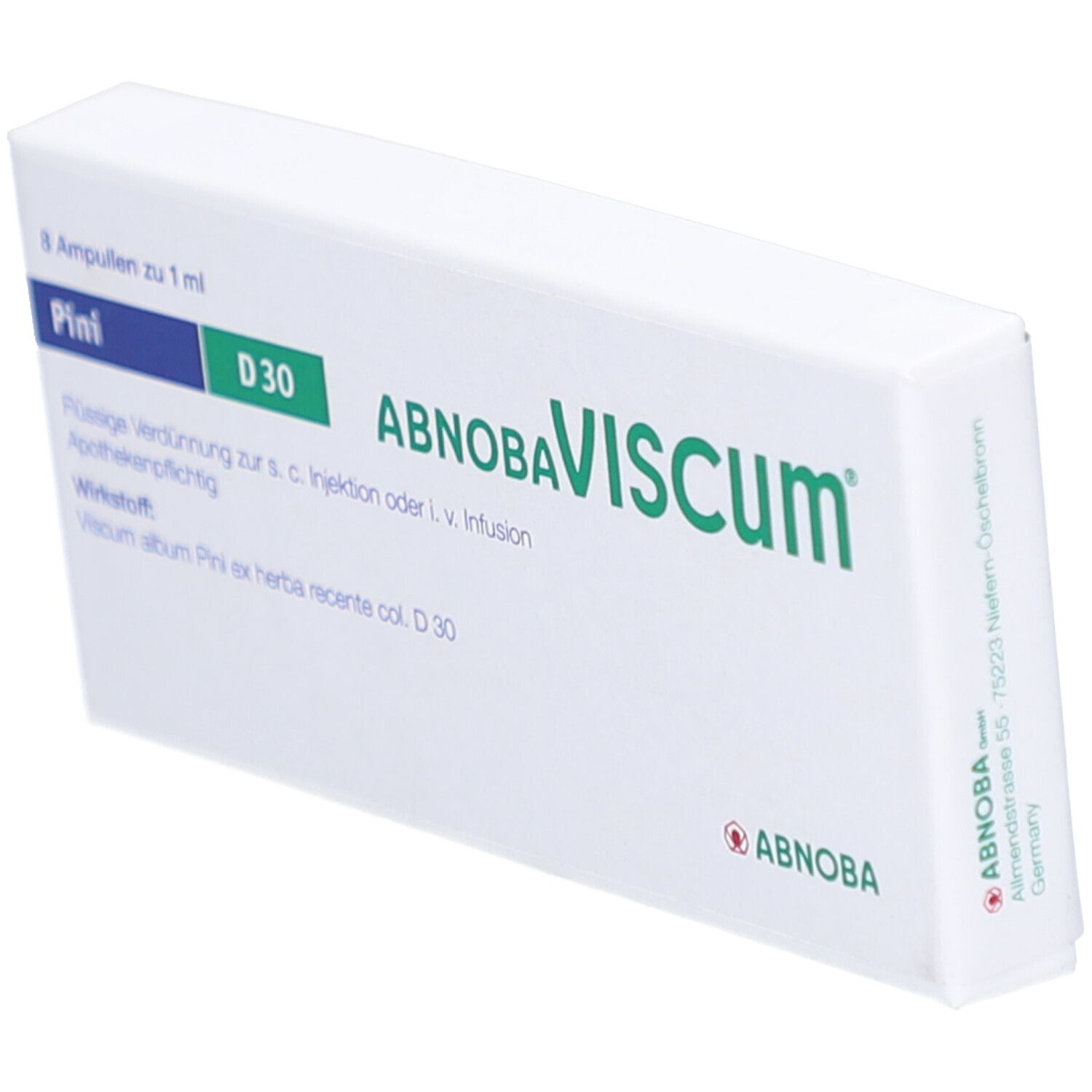 Weiße Schachtel mit Produktaufschrift ABNOBA Viscum Pini D30. Enthält 8 Ampullen. Apothekenpflichtig.