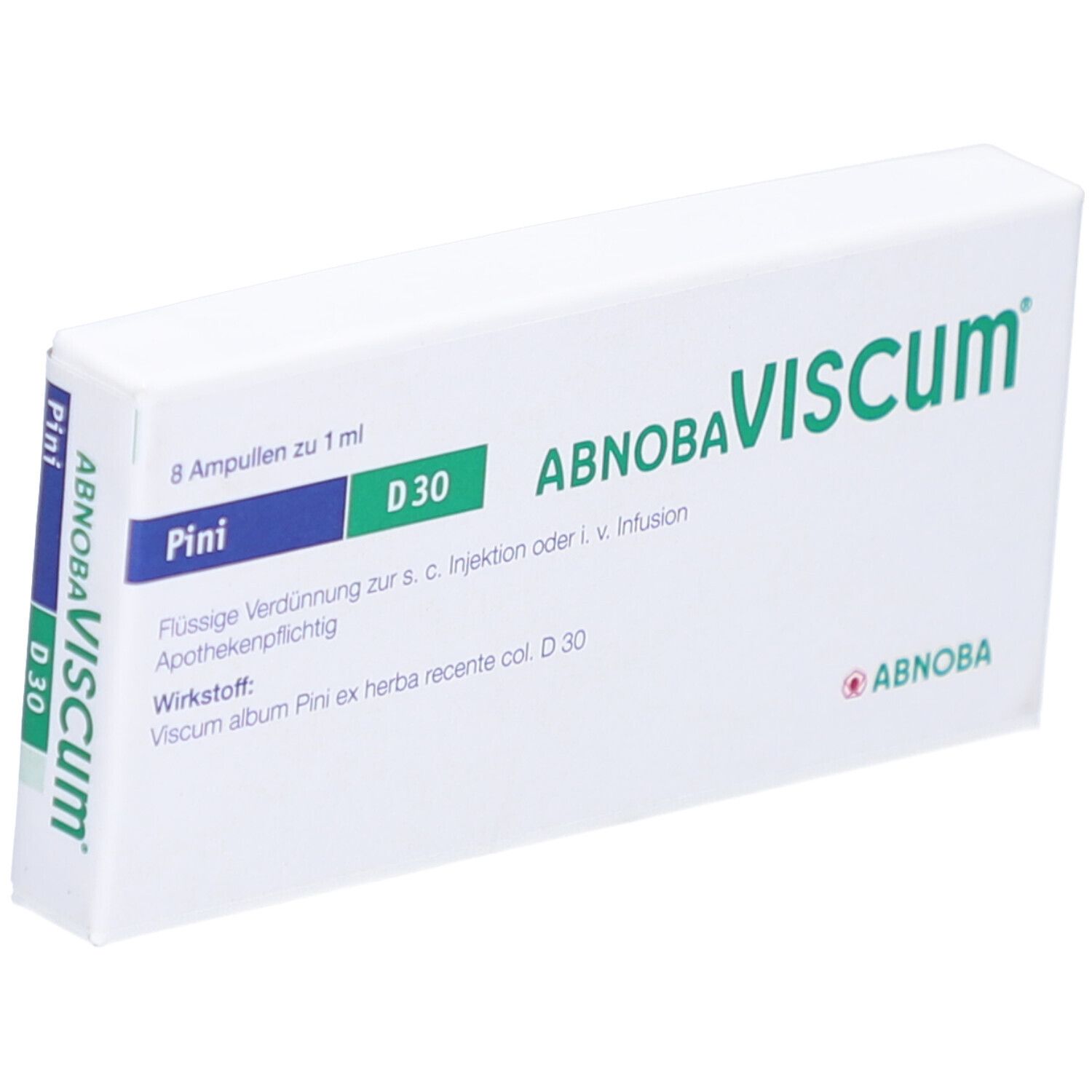 Weiße Schachtel mit Produktaufschrift ABNOBA Viscum Pini D30. Enthält 8 Ampullen. Apothekenpflichtig.