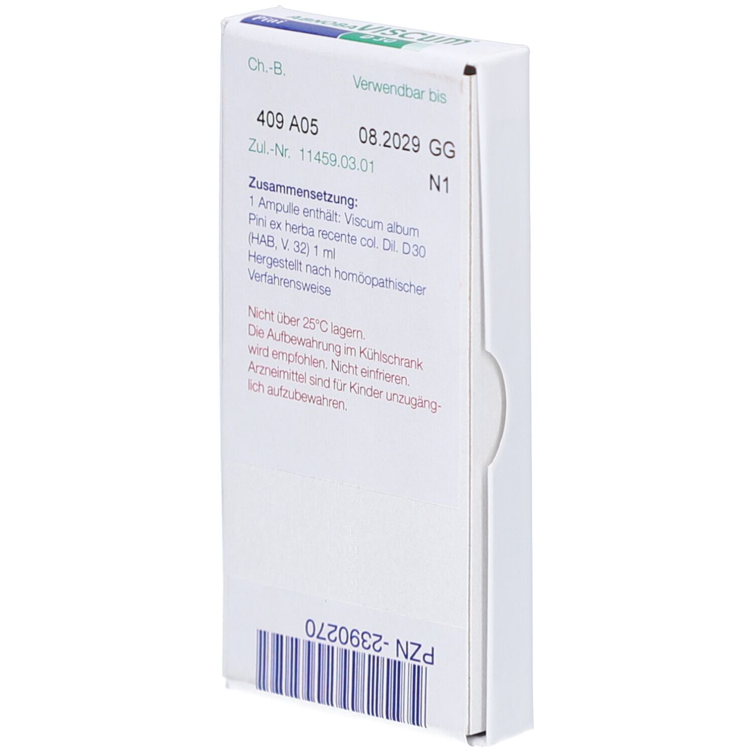 Weiße Schachtel mit Text. Enthält Informationen zu Zusammensetzung, Chargennummer und Verfallsdatum. N1.