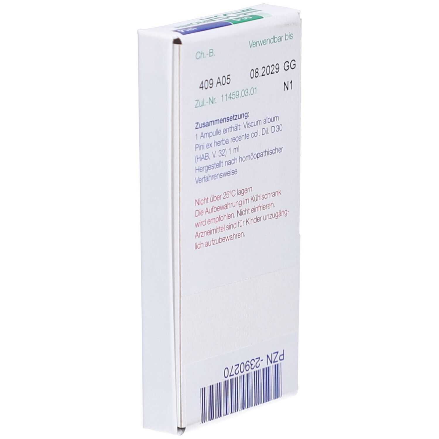 Weiße Schachtel mit Text. Enthält Informationen zu Zusammensetzung, Chargennummer und Verfallsdatum. N1.