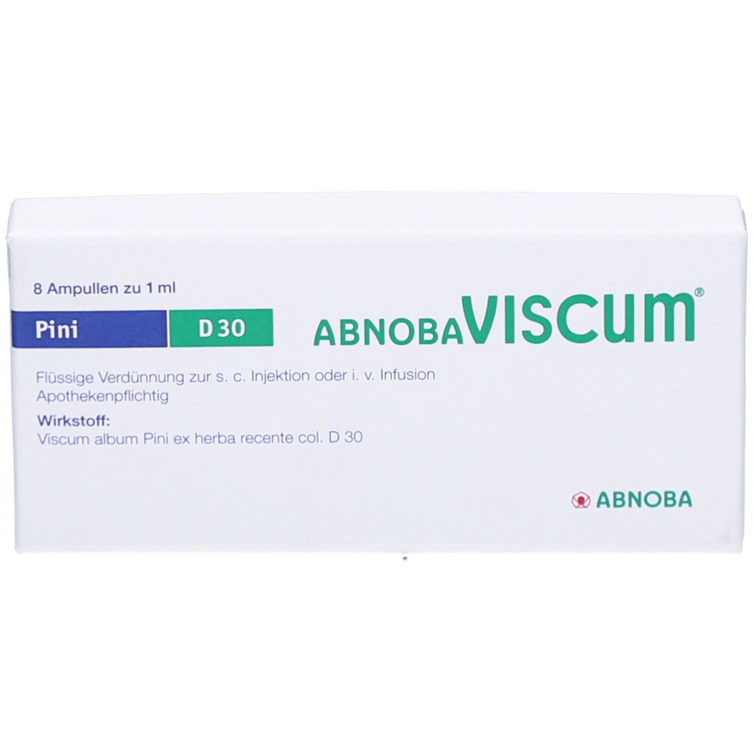 Weiße Schachtel mit Produktaufschrift ABNOBA Viscum Pini D30. Enthält 8 Ampullen. Apothekenpflichtig.
