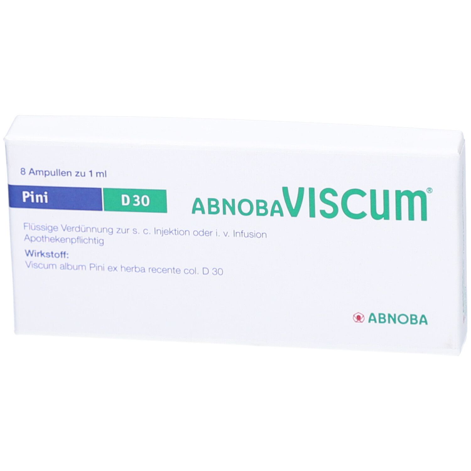 Weiße Schachtel mit Produktaufschrift ABNOBA Viscum Pini D30. Enthält 8 Ampullen. Apothekenpflichtig.