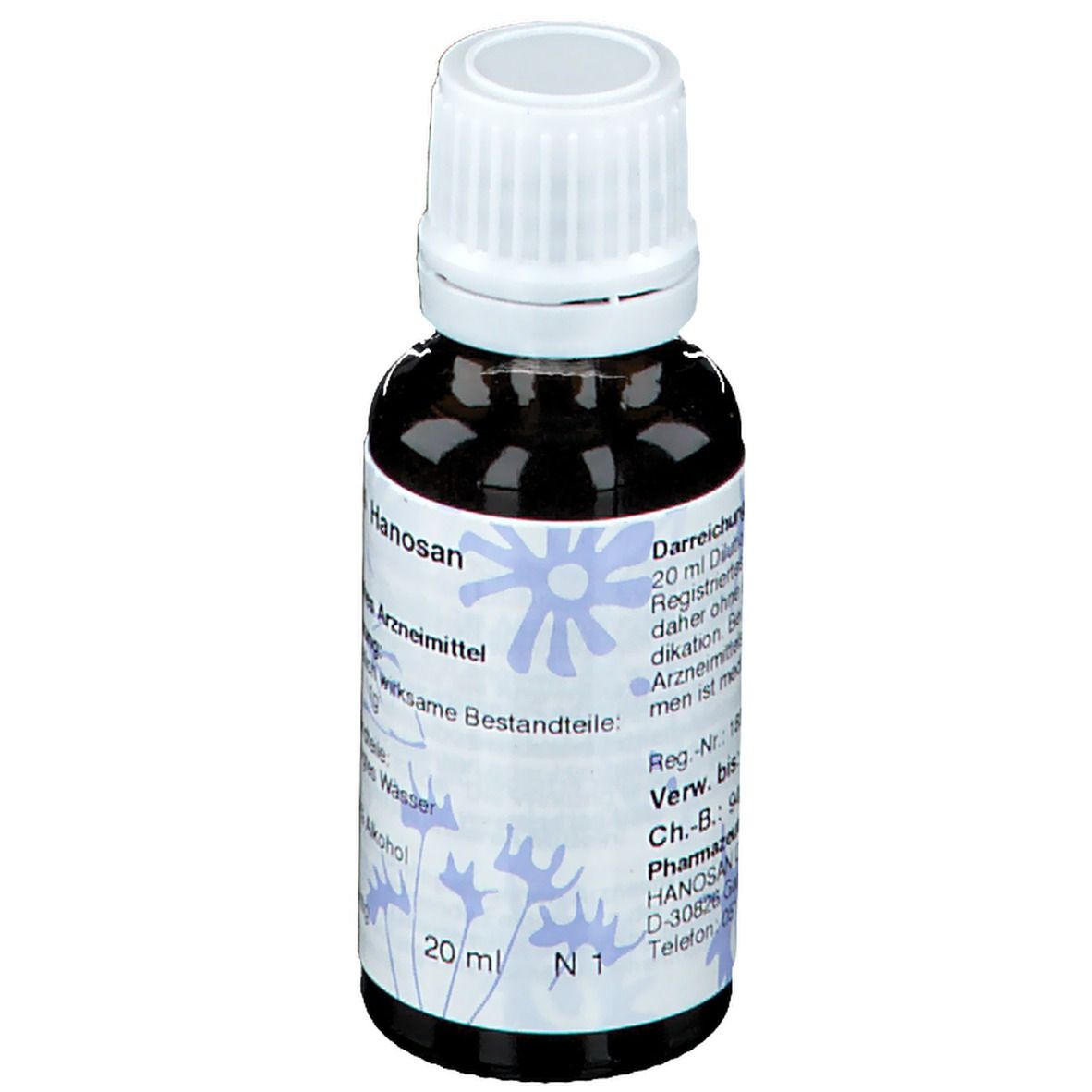 Braune Glasflasche mit weißem Schraubverschluss. Etikett mit Produktinformationen und floralem Muster, 20 ml.