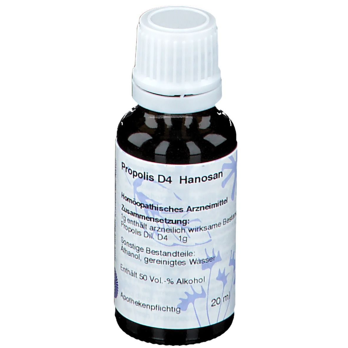 Braune Glasflasche mit weißem Schraubverschluss. Etikett mit Produktinformationen: Propolis D4 Hanosan, 20 ml.