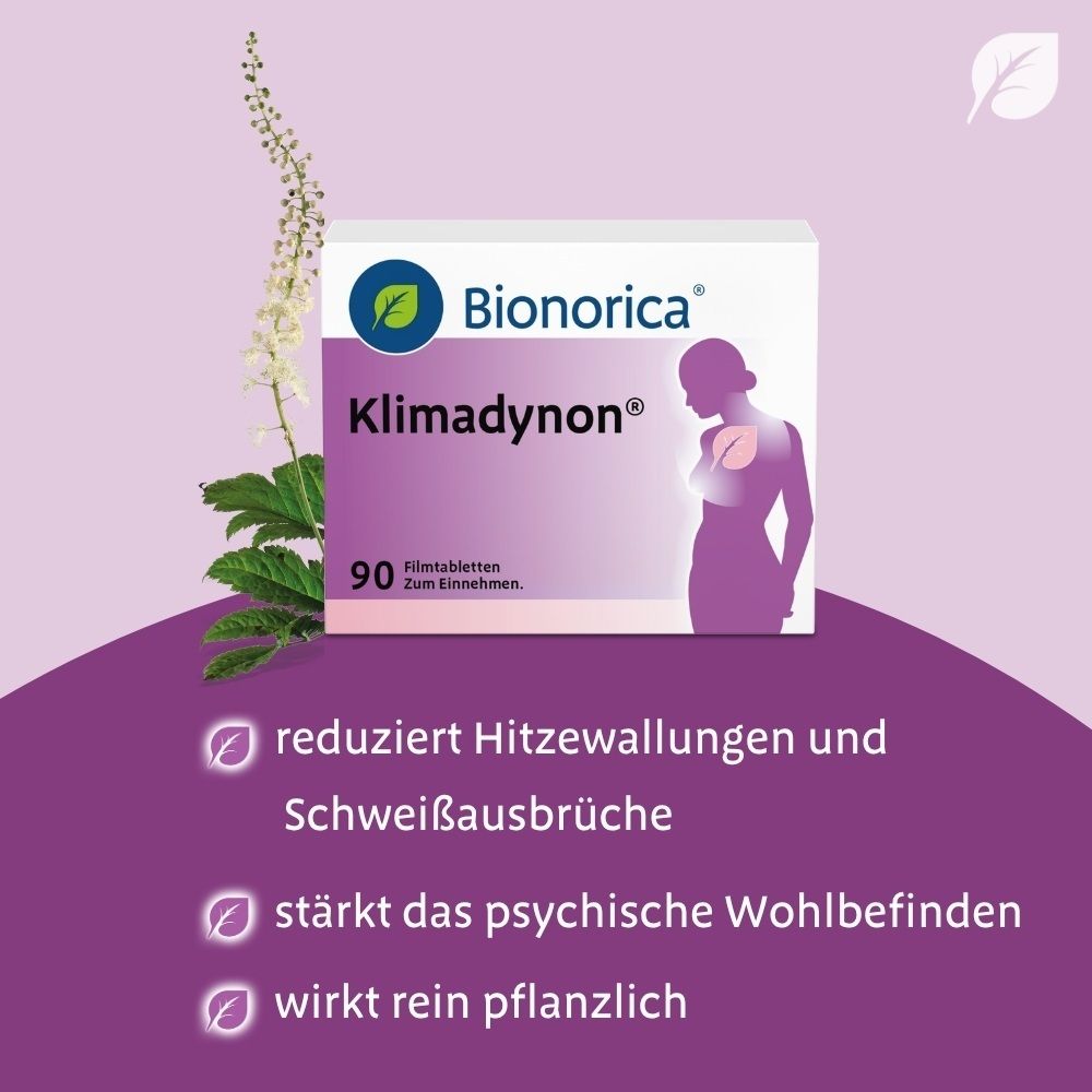 Bionorica Klimadynon Filmtabletten 90 Stück Packung mit Frauensilhouette und Pflanze.