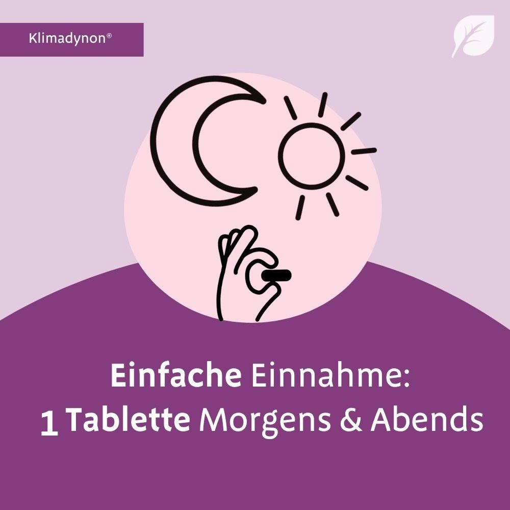 Grafik: Sonne, Mond und eine Hand, die eine Tablette hält. Text: Einfache Einnahme: 1 Tablette Morgens & Abends.