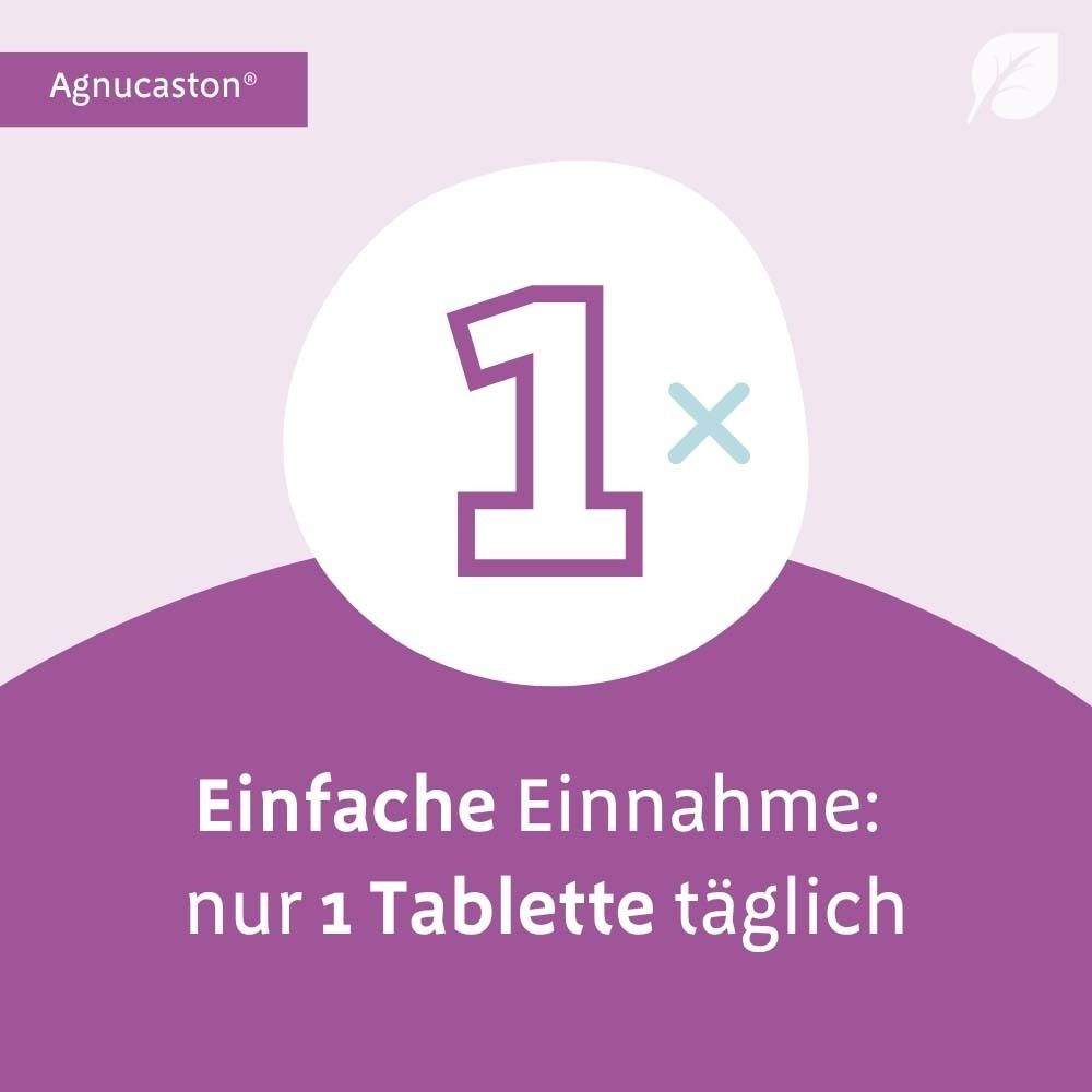 Agnucaston®-Logo. Grafik: 1x. Text: Einfache Einnahme: nur 1 Tablette täglich.