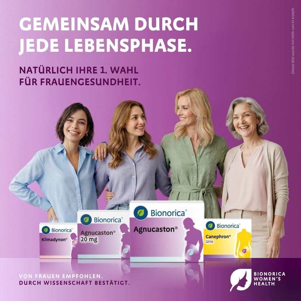 Vier Frauen stehen zusammen. Packungen von Bionorica-Produkten. Text: Gemeinsam durch jede Lebensphase.
