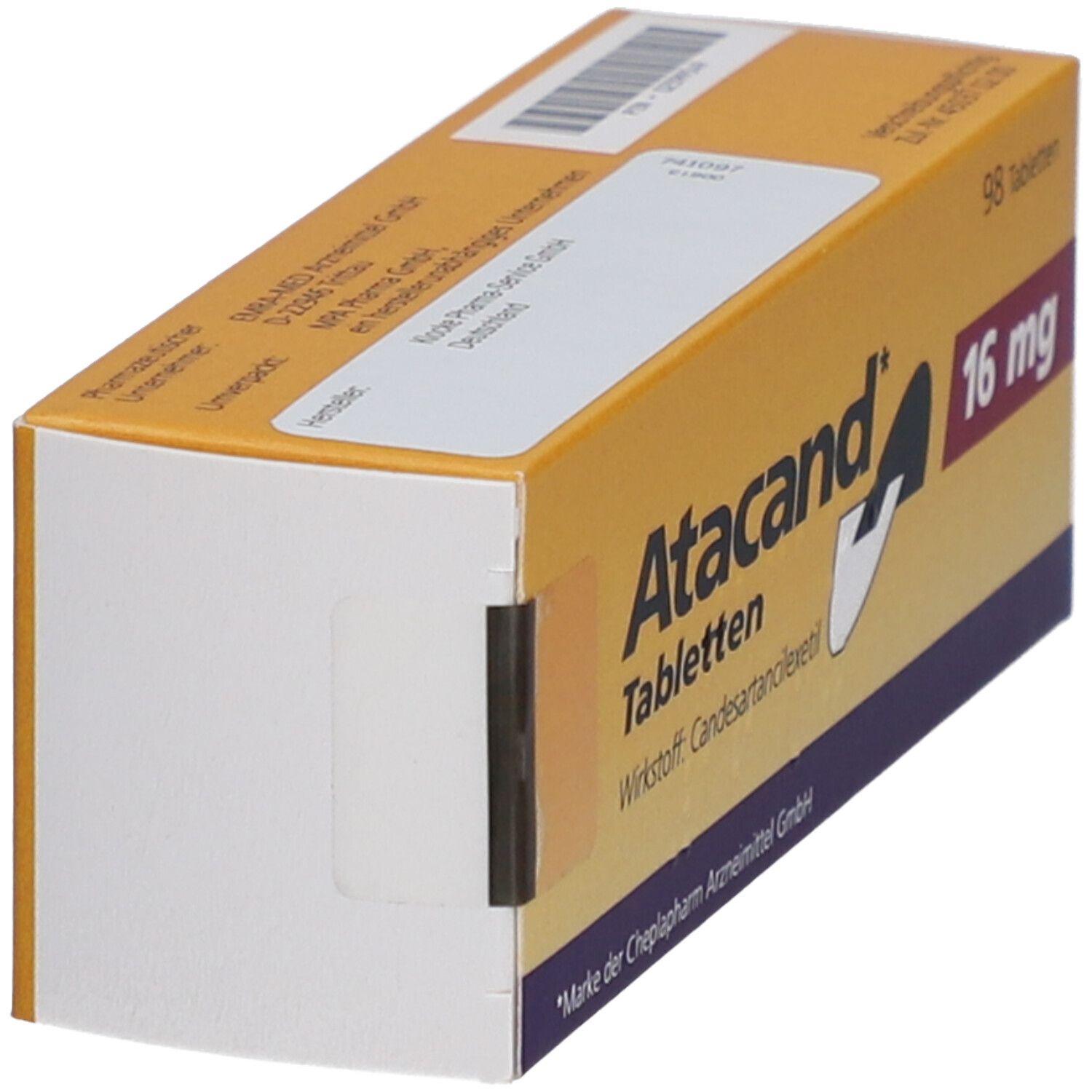 Schachtel Atacand Tabletten 16 mg, gelb. Seitenansicht. Enthält 98 Tabletten. Marke der Cheplapharm Arzneimittel GmbH.