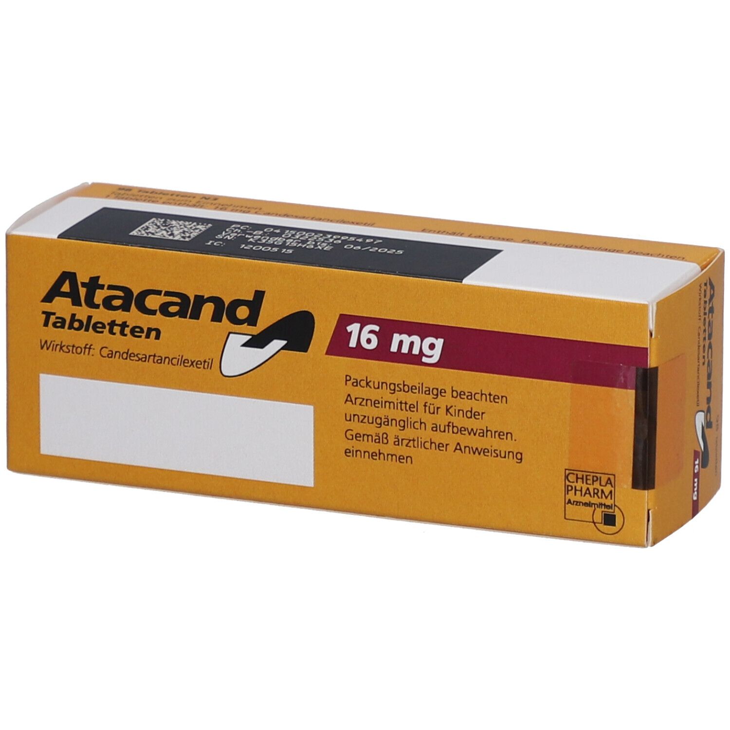 Gelbe Schachtel mit Aufschrift Atacand Tabletten 16 mg. Enthält 98 Tabletten. Packungsbeilage beachten.