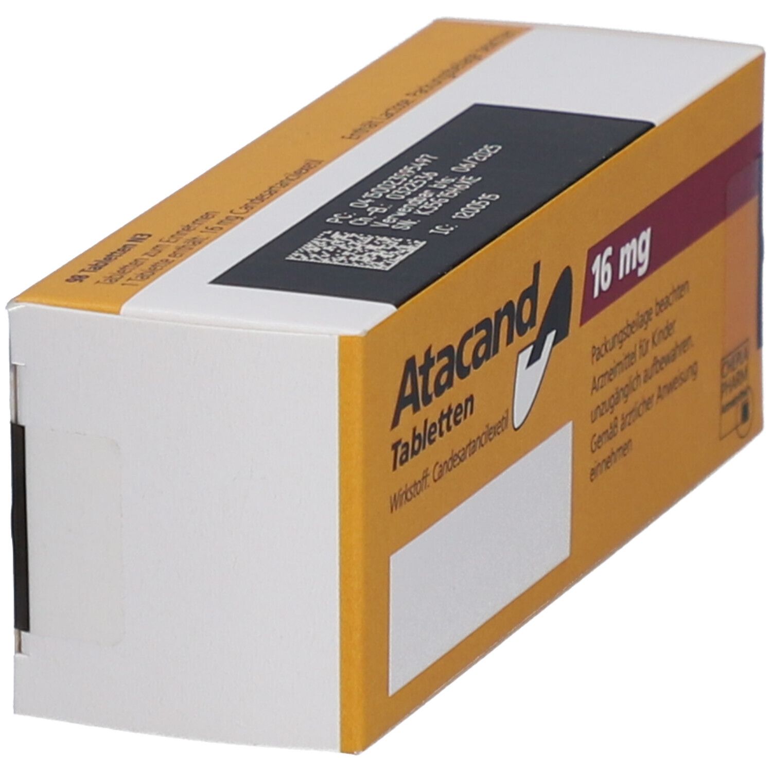 Schachtel Atacand Tabletten 16 mg, gelb. Seitenansicht. Packungsbeilage beachten. Marke Cheplapharm.