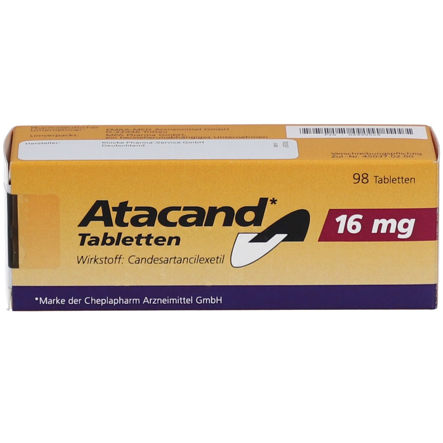 Gelbe Schachtel mit Aufschrift Atacand Tabletten 16 mg. Enthält 98 Tabletten. Marke der Cheplapharm Arzneimittel GmbH.