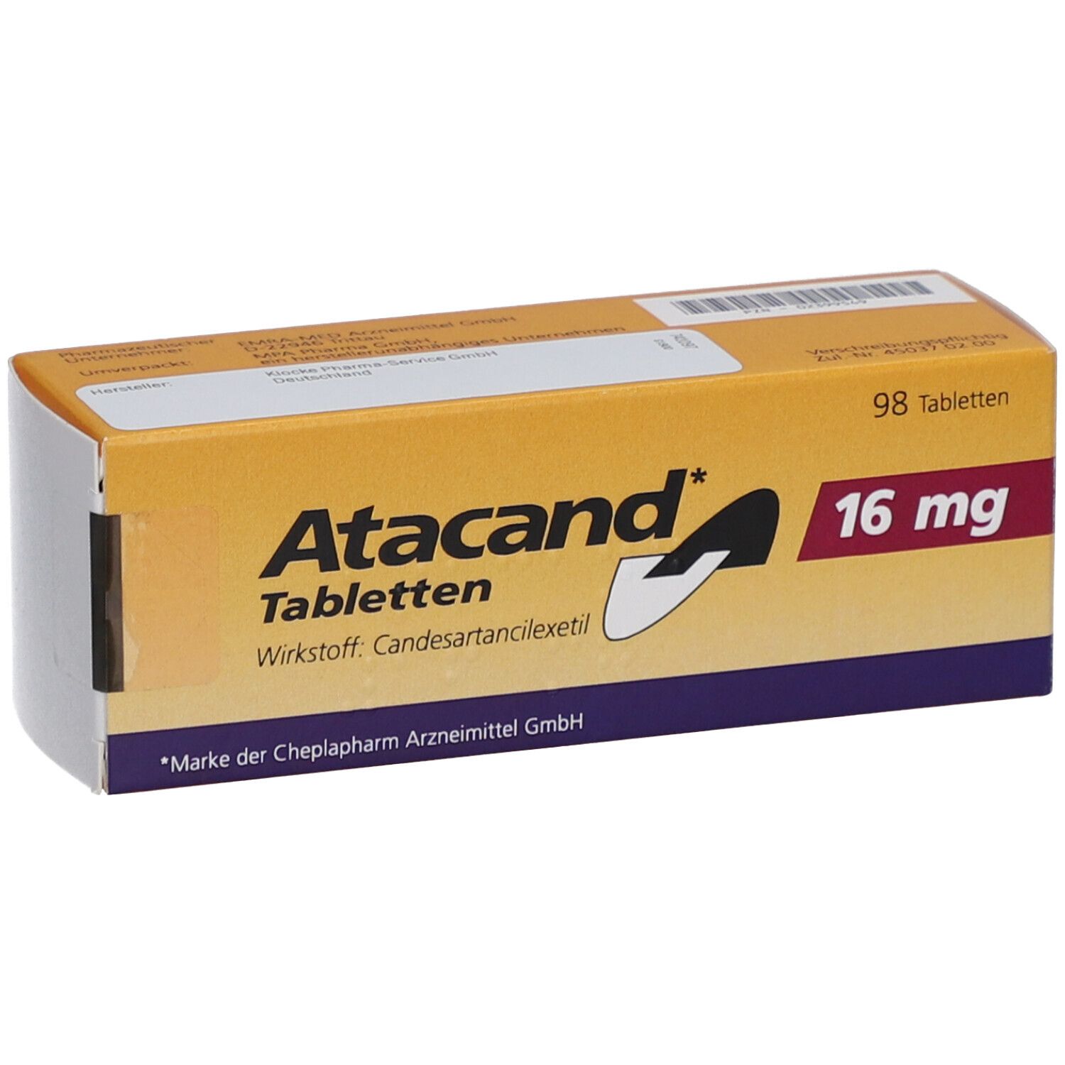 Gelbe Schachtel mit Aufschrift Atacand Tabletten 16 mg. Enthält 98 Tabletten. Marke der Cheplapharm Arzneimittel GmbH.