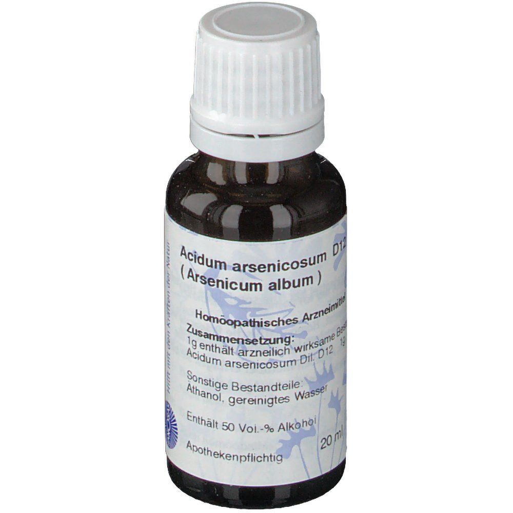 Braune Glasflasche mit weißem Deckel. Beschriftung: Acidum arsenicosum D12 (Arsenicum album). 20 ml.