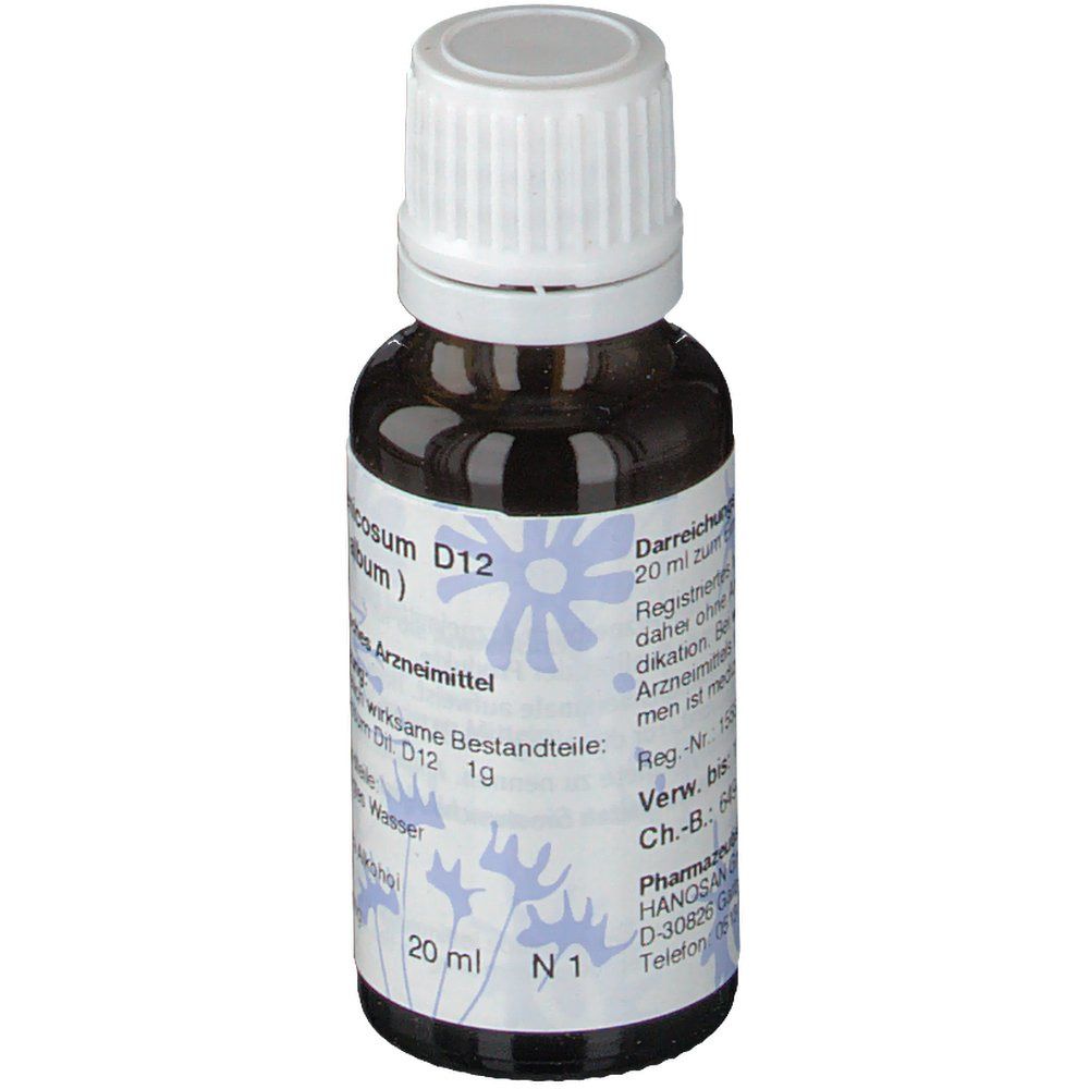 Braune Glasflasche mit weißem Deckel. Beschriftung: Acidum arsenicosum D12. 20 ml. N1. Darreichungsform.