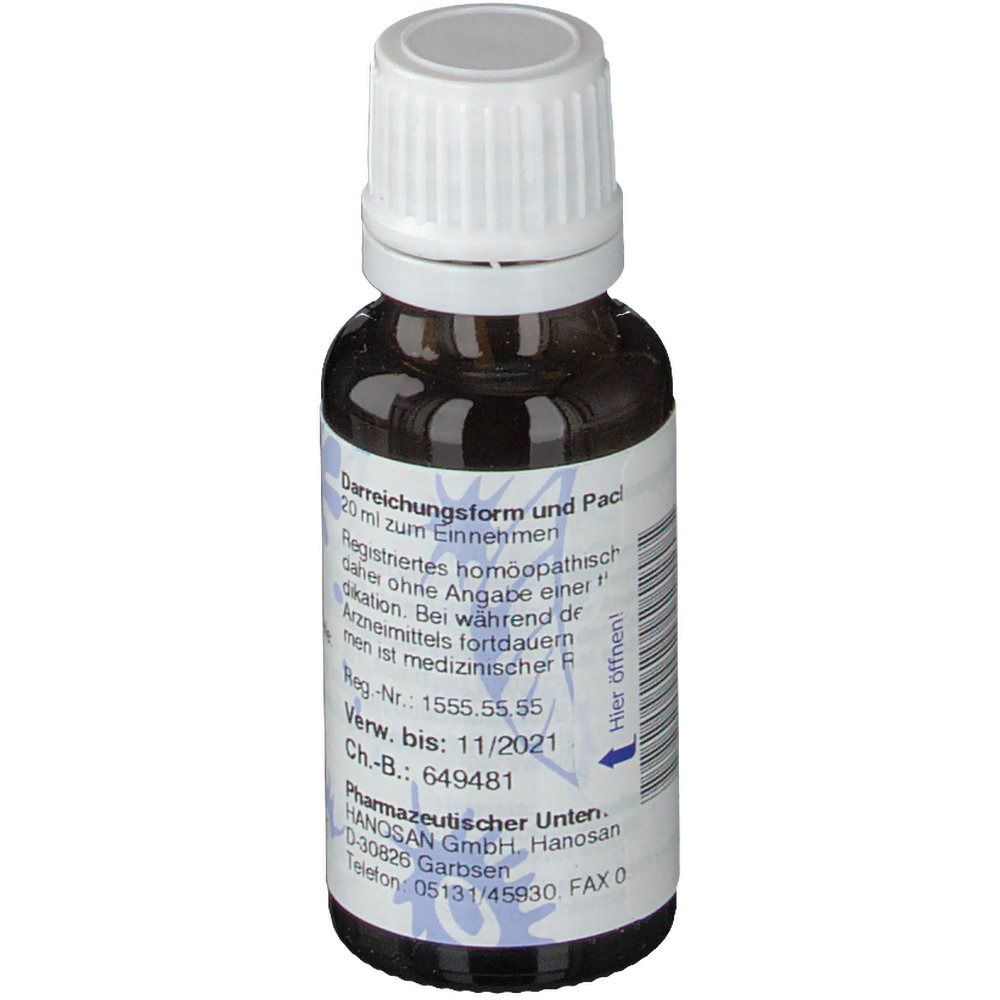 Braune Glasflasche mit weißem Deckel. Beschriftung: Darreichungsform und Pack. 20 ml. Registriertes homöopathisches Arzneimittel.
