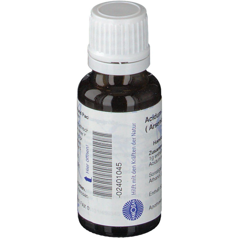 Braune Glasflasche mit weißem Deckel. Beschriftung: Acidum arsenicosum (Arsenicum album). Hilft mit den Kräften der Natur. Barcode.