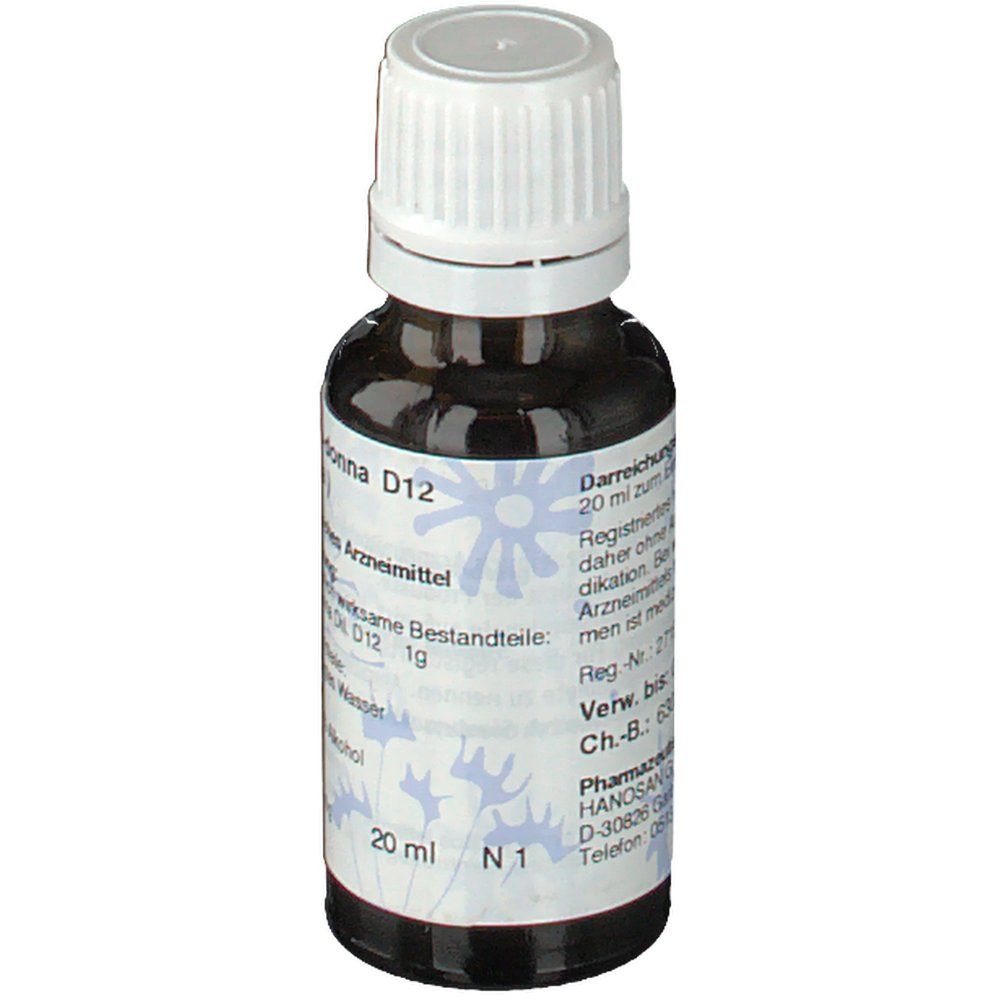 Braune Glasflasche mit weißem Deckel. Etikett mit Produktinformationen, 20 ml. N1.