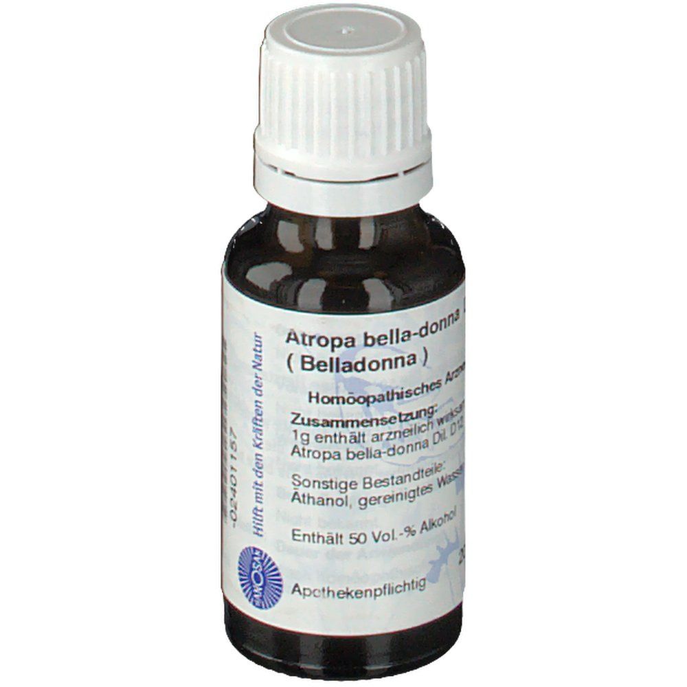 Braune Glasflasche mit weißem Deckel. Etikett mit Produktnamen und Inhaltsstoffen. Apothekenpflichtig.