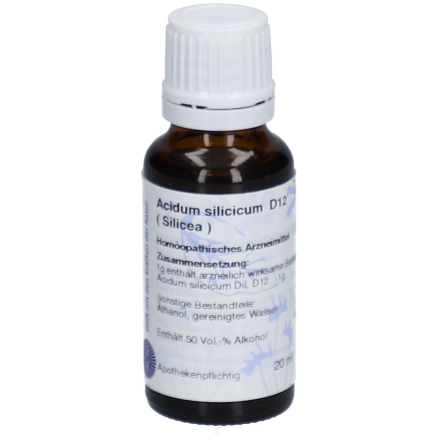Braune Glasflasche mit weißem Deckel. Beschriftung: Acidum silicicum D12 (Silicea). Homöopathisches Arzneimittel. 20 ml.