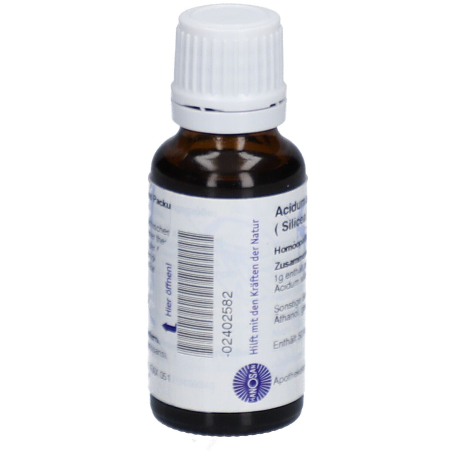 Braune Glasflasche mit weißem Deckel. Aufkleber mit Text und Barcode. Logo: Hanosan. Hilft mit den Kräften der Natur.