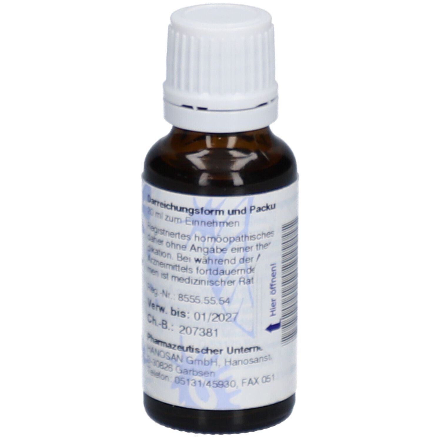 Braune Glasflasche mit weißem Deckel. Aufkleber mit Text. Verfallsdatum: 01/2027. Pharmazeutisches Unternehmen: Hanosan.