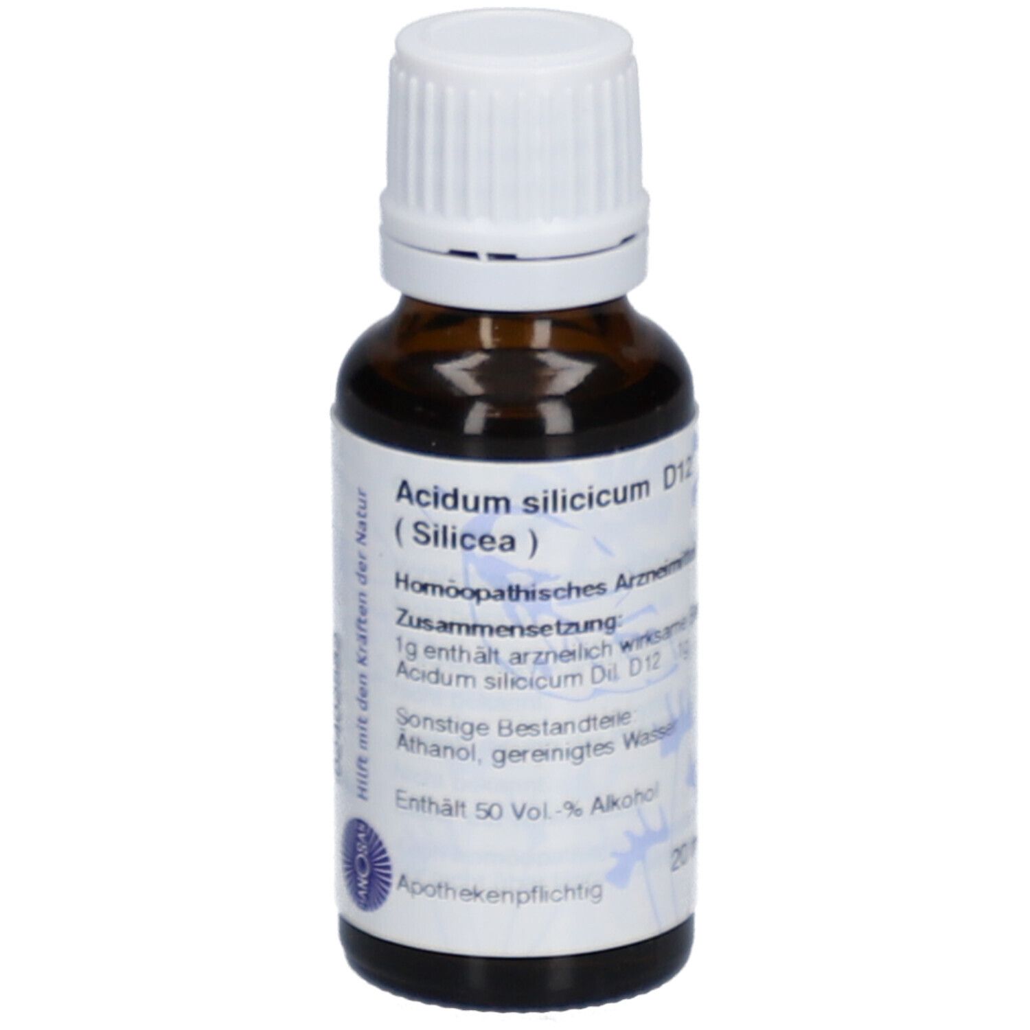 Braune Glasflasche mit weißem Deckel. Beschriftung: Acidum silicicum D12 (Silicea). Homöopathisches Arzneimittel. Hanosan Logo.