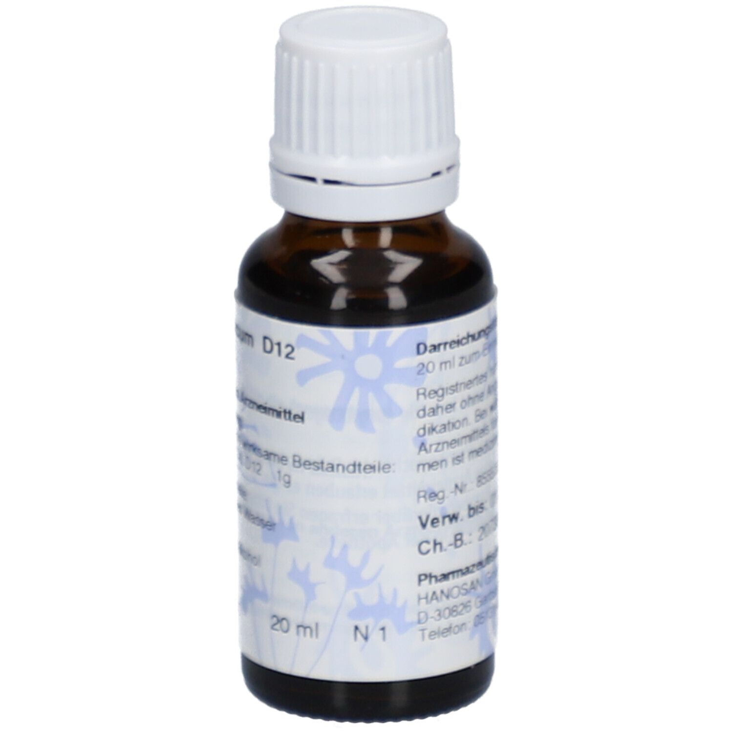 Braune Glasflasche mit weißem Deckel. Beschriftung: Acidum silicicum D12. 20 ml. Hanosan Logo. Blütenmuster.