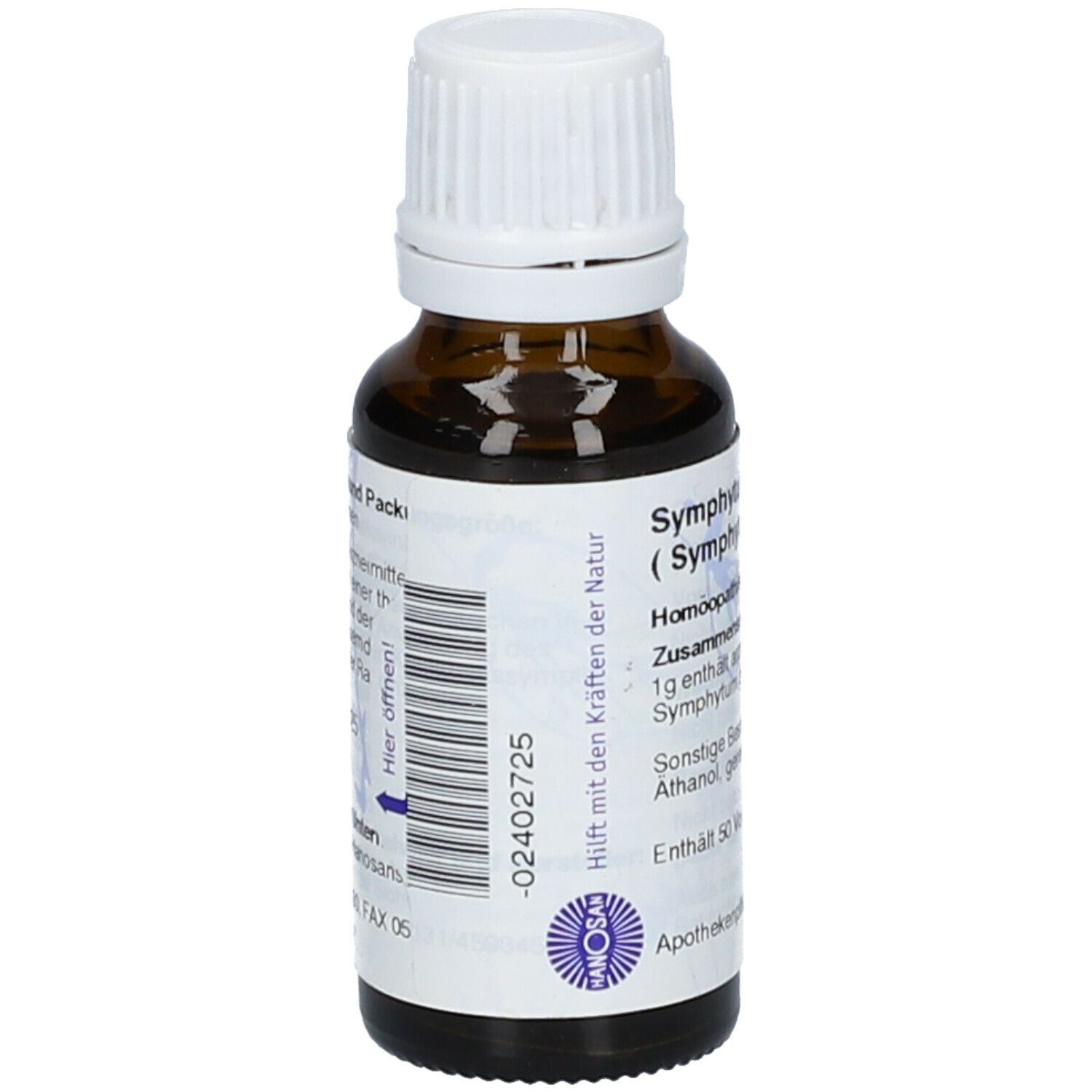 Braune Glasflasche mit weißem Schraubverschluss. Etikett mit Produktinformationen und Barcode. Apothekenpflichtig.