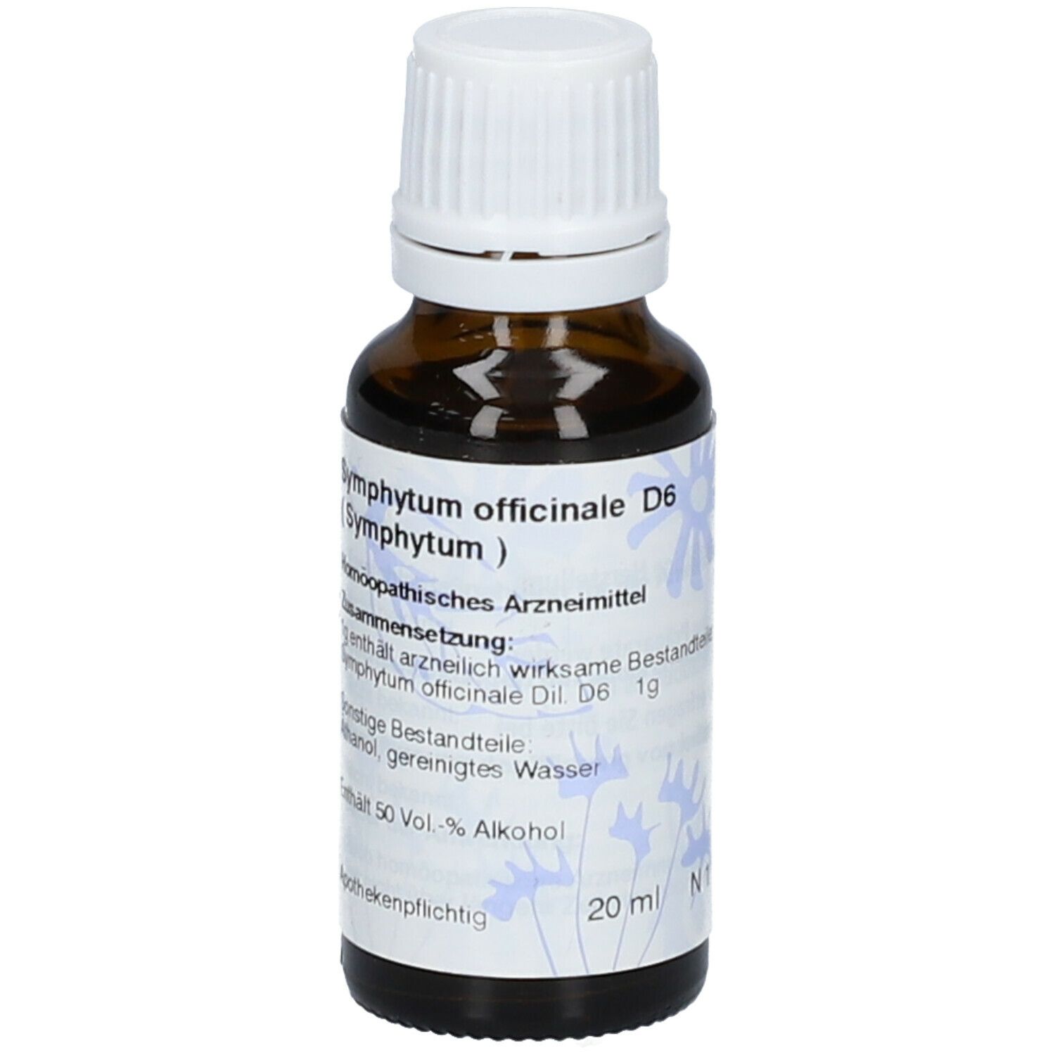 Braune Glasflasche mit weißem Schraubverschluss. Etikett mit Produktnamen, Inhaltsstoffen und 20 ml Volumen.