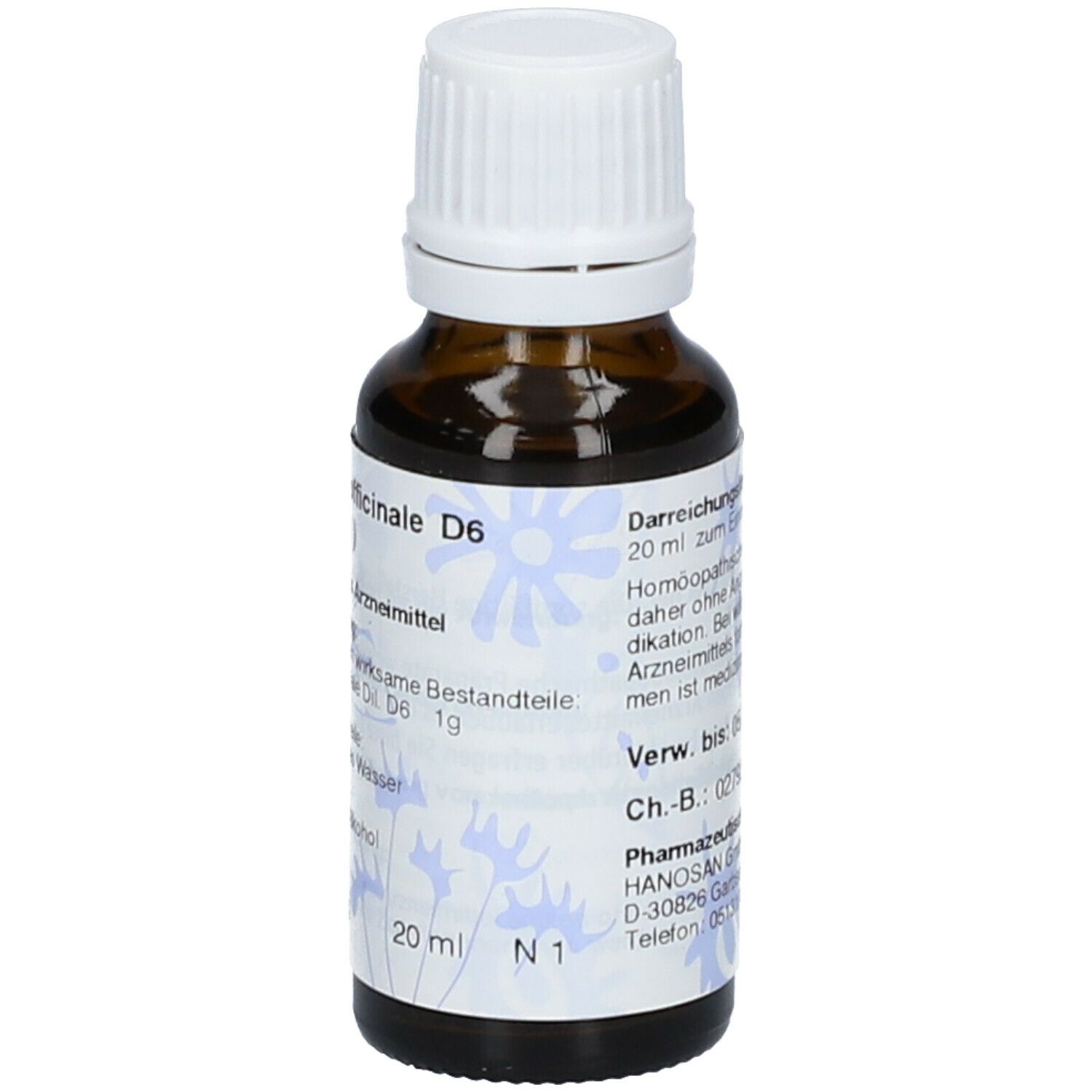 Braune Glasflasche mit weißem Schraubverschluss. Etikett mit Produktnamen, Inhaltsstoffen und 20 ml Volumen.