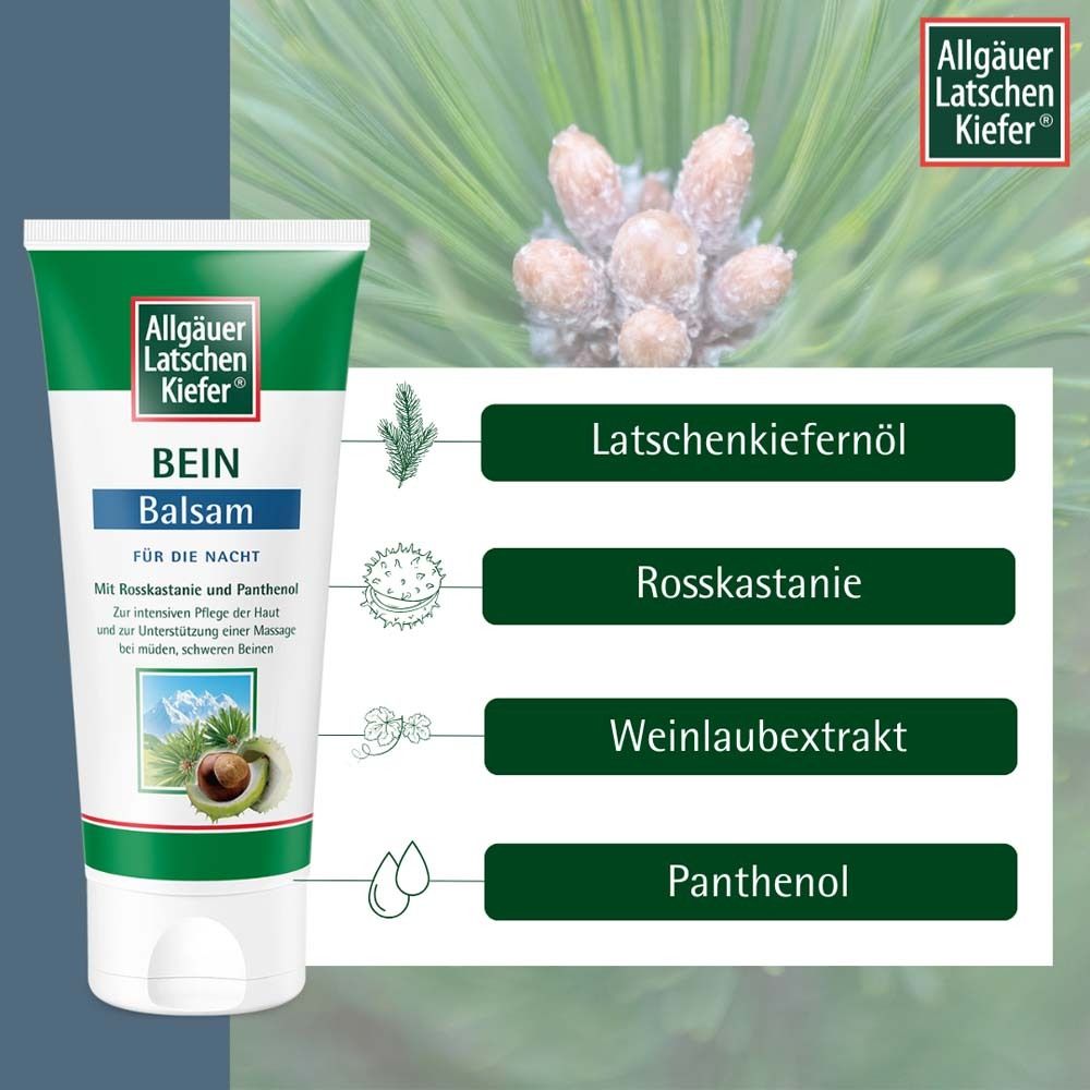Creme-Tube mit Inhaltsstoffen. Grün-weiße Tube mit Produktnamen und Logo. Inhaltsstoffe: Latschenkiefernöl, Rosskastanie, Weinlaubextrakt, Panthenol.