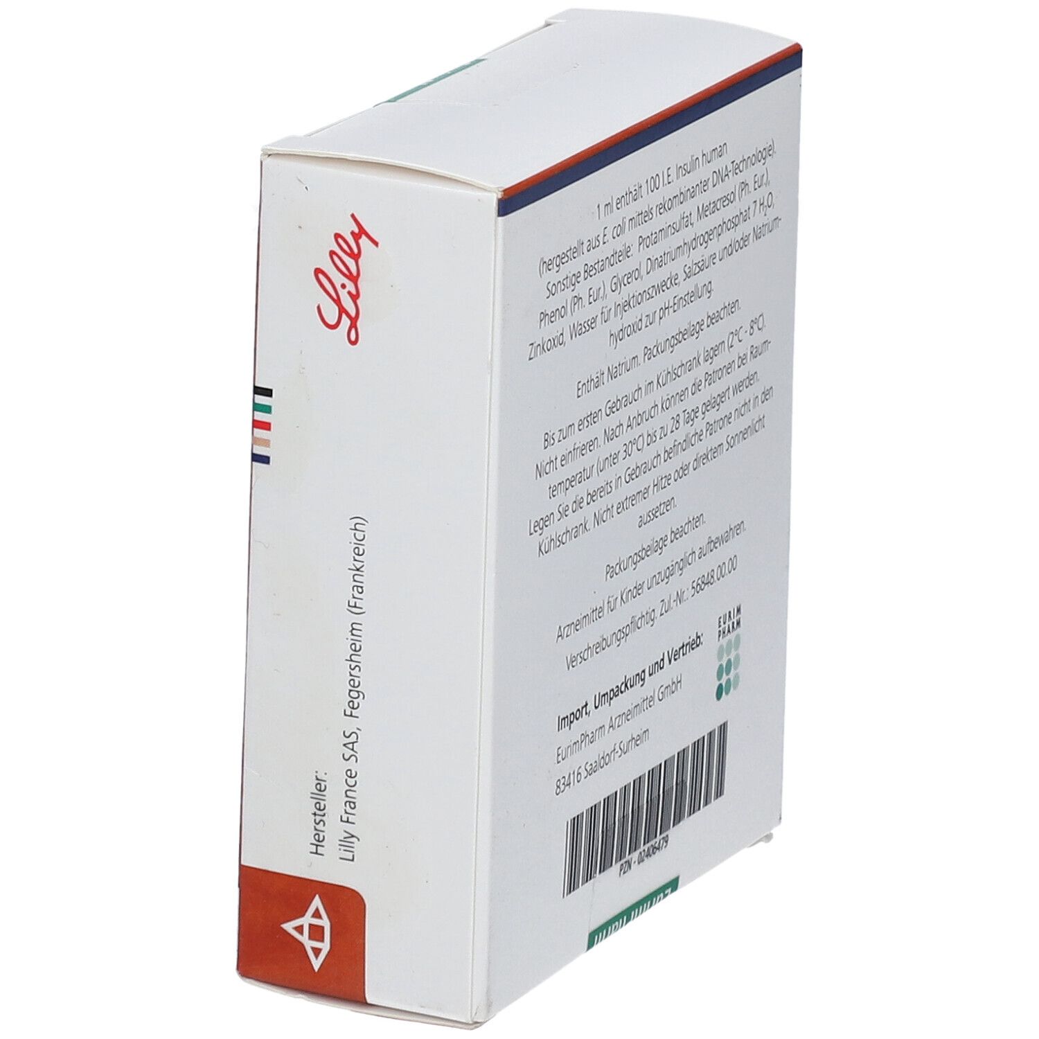 Weiße Schachtel, seitliche Ansicht. Marke: Lilly. Text mit Herstellerinformationen. Mit Barcode.