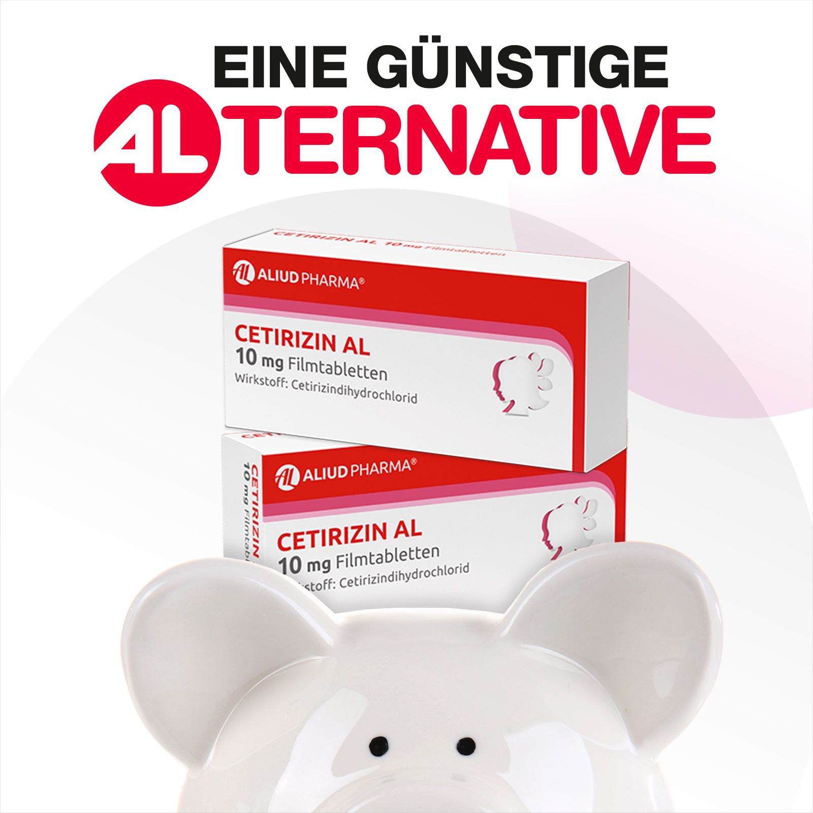 Zwei Packungen Cetirizin AL 10 mg Filmtabletten von ALIUD PHARMA, auf einem weißen Elefantenkopf.