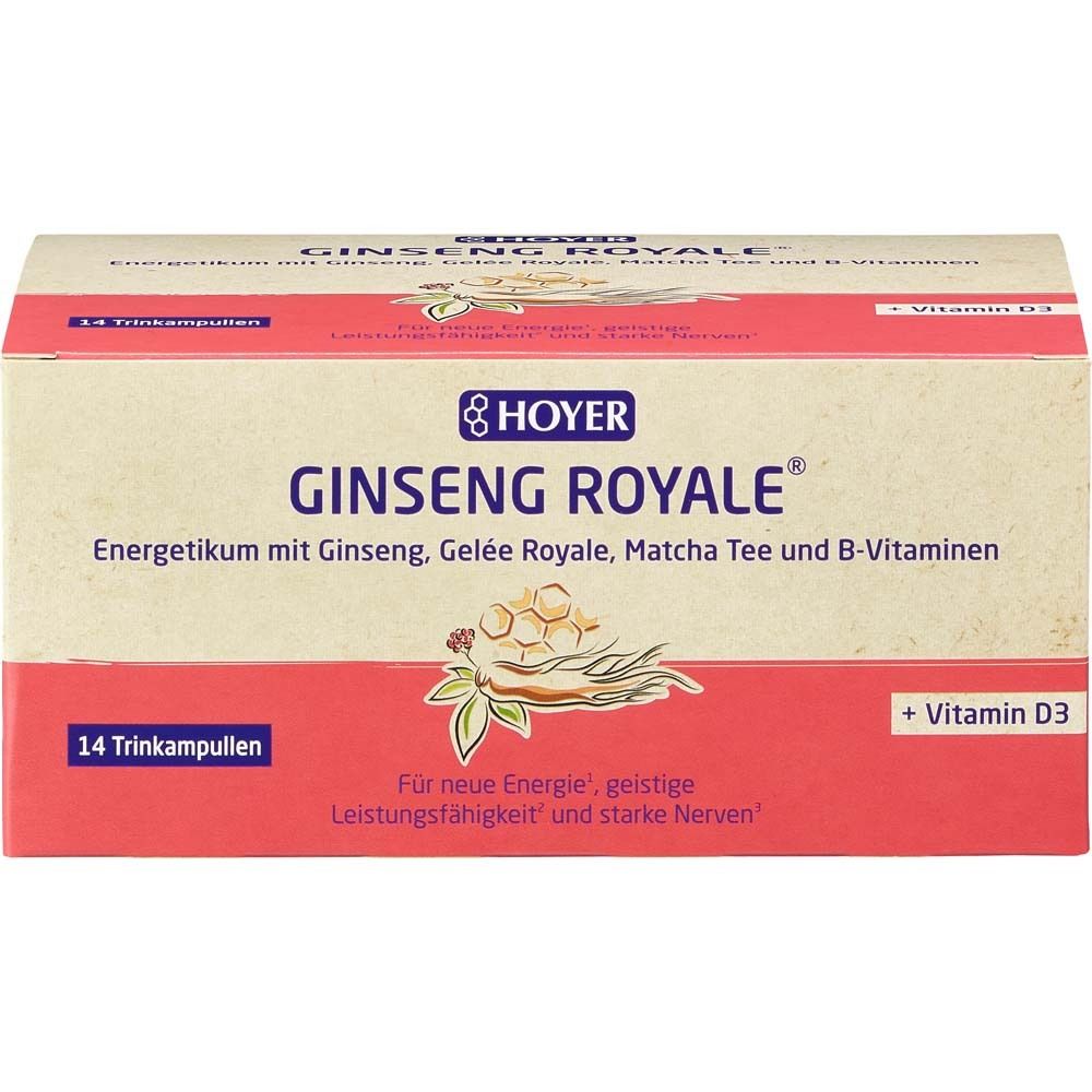 Karton HOYER Ginseng Royale. Aufschrift: Ginseng Royale, 14 Trinkampullen, + Vitamin D3. Produktbeschreibung in Deutsch.