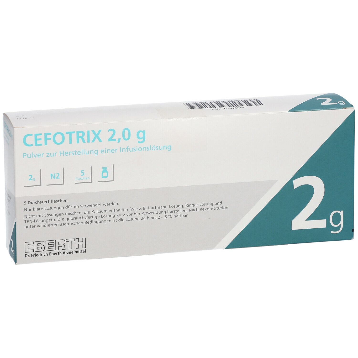 Weiße Schachtel CEFTOTRIX 2,0 g. Text: Pulver zur Herstellung einer Infusionslösung. Aufdruck: 2 g.