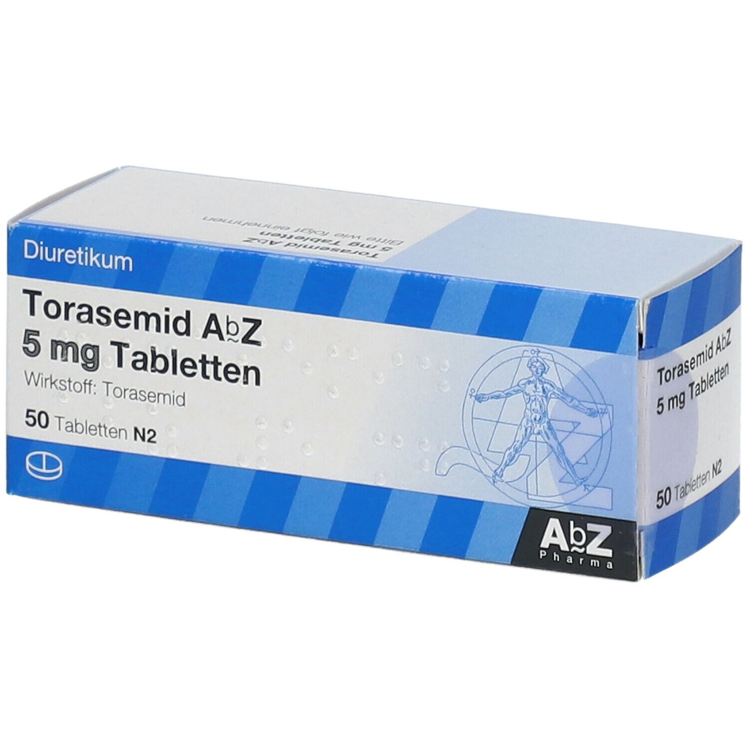 Schachtel mit Torasemid AbZ 5 mg Tabletten. Aufschrift: Diuretikum, 50 Tabletten N2. AbZ Pharma Logo. Blaue und weiße Streifen.