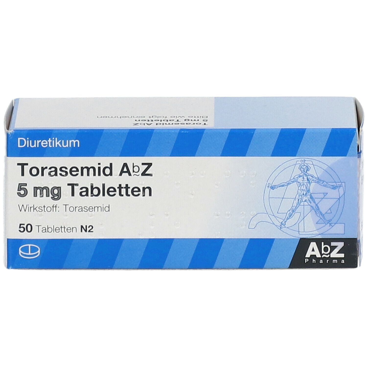 Schachtel mit Torasemid AbZ 5 mg Tabletten. Aufschrift: Diuretikum, 50 Tabletten N2. AbZ Pharma Logo. Blaue und weiße Streifen.