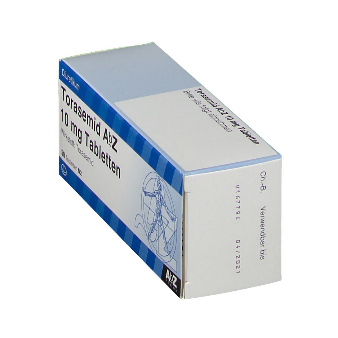 Schachtel Torasemid AbZ 10 mg Tabletten. Aufschrift und Logo AbZ. Diuretikum. Verfallsdatum 04/2021.