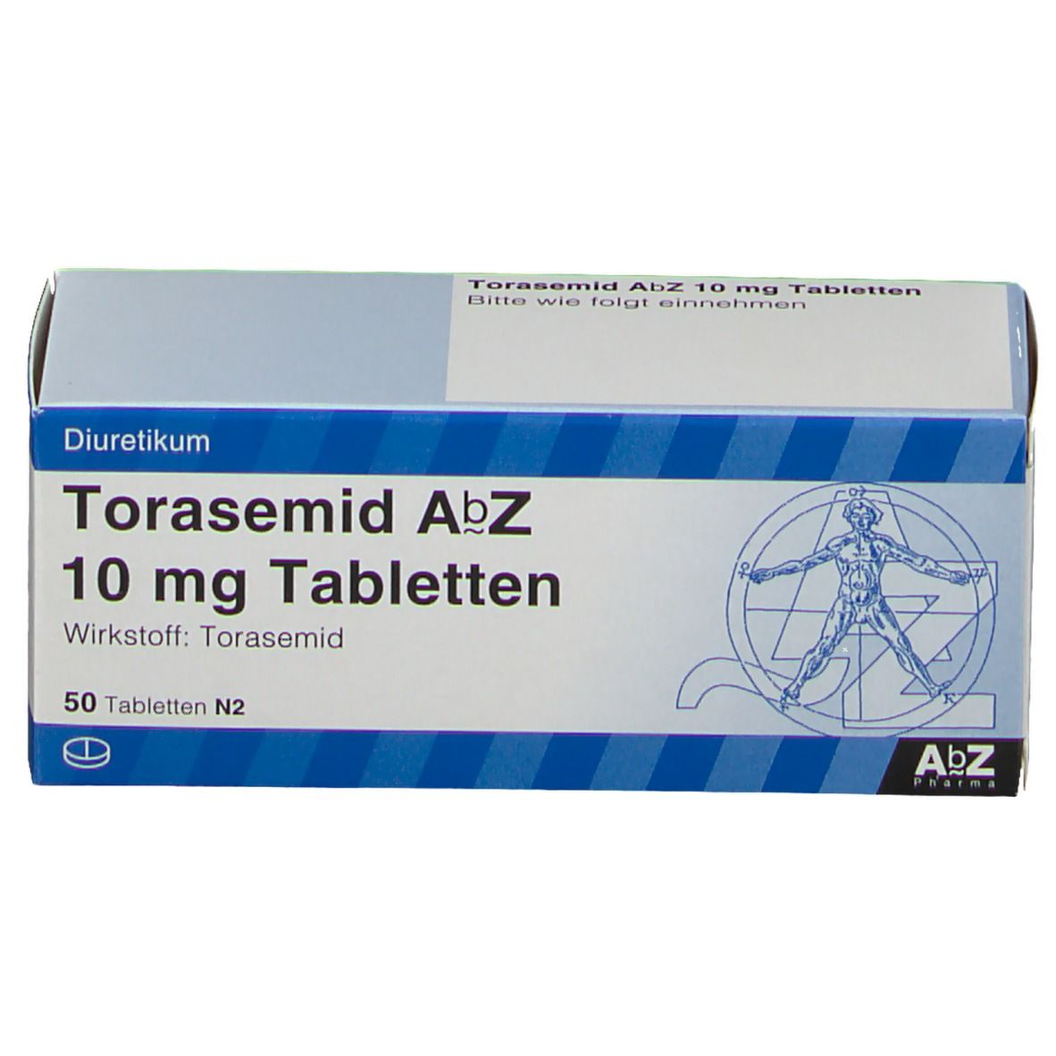 Schachtel mit Tabletten. Aufschrift: Torasemid AbZ 10 mg Tabletten. 50 Tabletten. AbZ-Logo. Diuretikum.