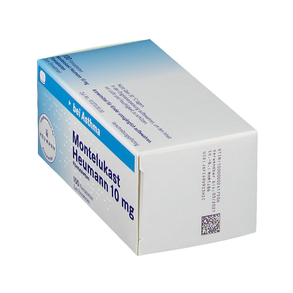 Schachtel MONTELUKAST Heumann 10 mg Filmtabletten. Blaue und weiße Verpackung, Seitenansicht mit Text und Logo.