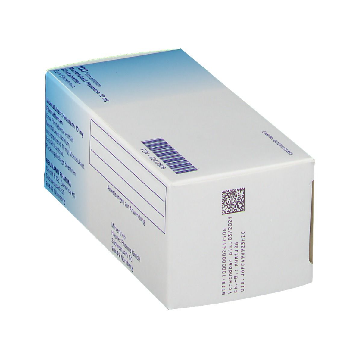 Schachtel MONTELUKAST Heumann 10 mg Filmtabletten. Rückseite der Verpackung mit Barcode und Text.