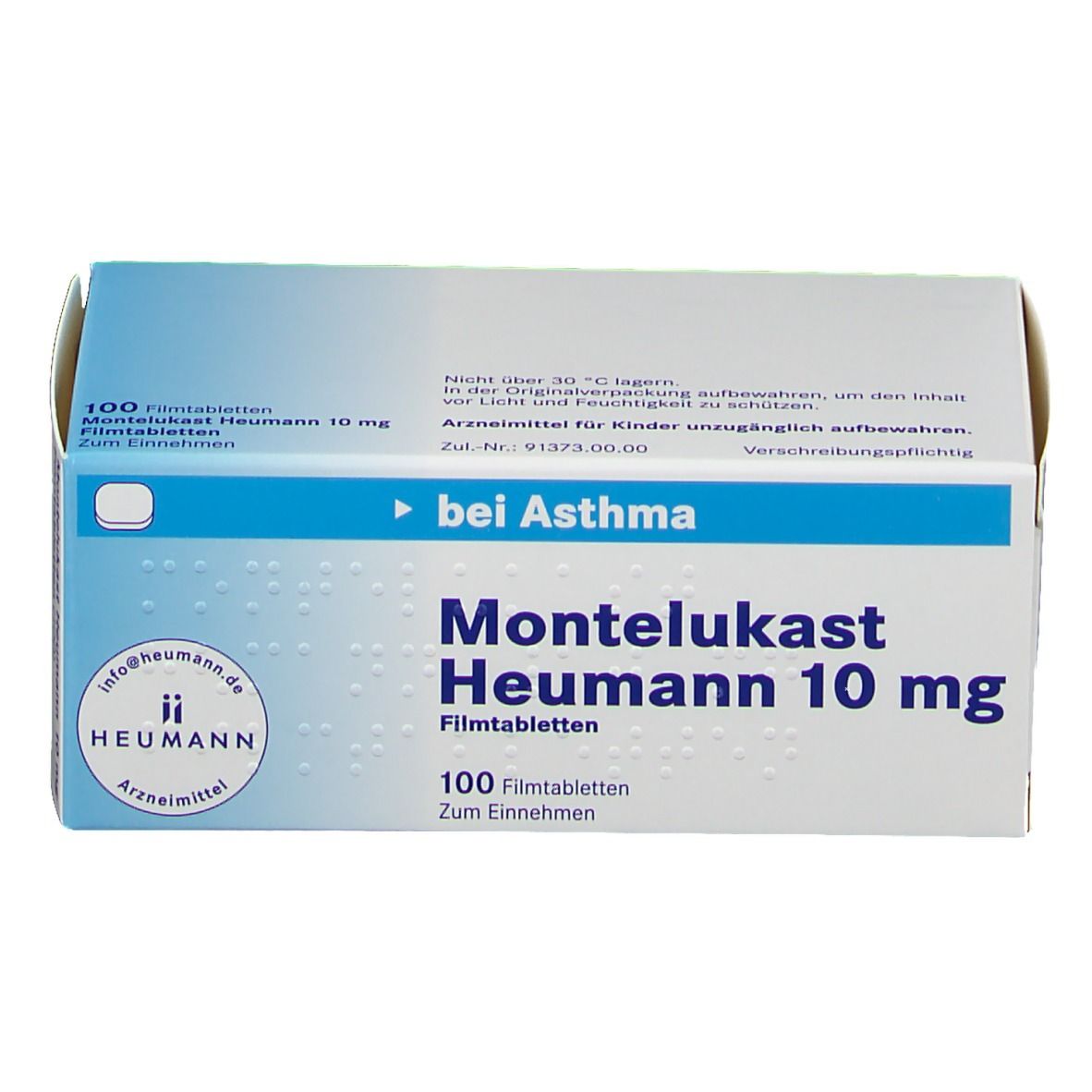 Schachtel mit MONTELUKAST Heumann 10 mg Filmtabletten. Blaue und weiße Verpackung mit Produktnamen und Logo.