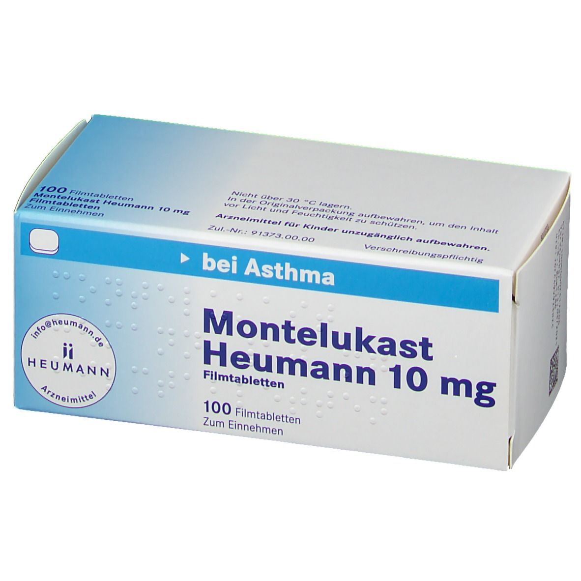 Schachtel mit MONTELUKAST Heumann 10 mg Filmtabletten. Blaue und weiße Verpackung mit Produktnamen und Logo.