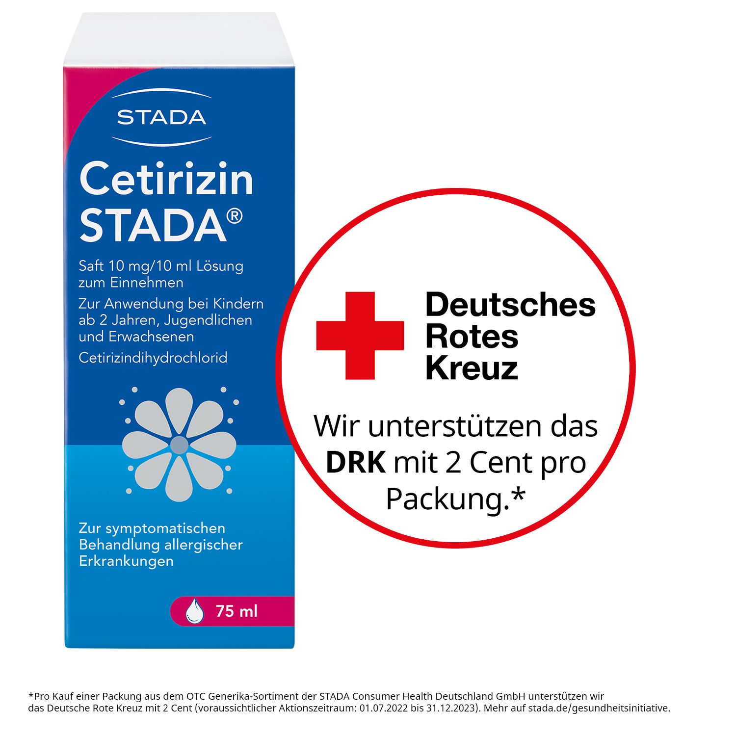 Blau-weiße Faltschachtel. Aufschrift: Cetirizin STADA 10 mg/10 ml. Rotes Kreuz Logo. 75 ml.